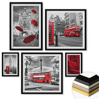 WANDBILDER 5er-Set - 50x50 cm & 20x30 cm & 40x60 cm Schwarzer Rahmen - Ginkgoblätter, heller Hintergrund - Schwarz, Kunststoff (40/60cm) - ArtPrintCave