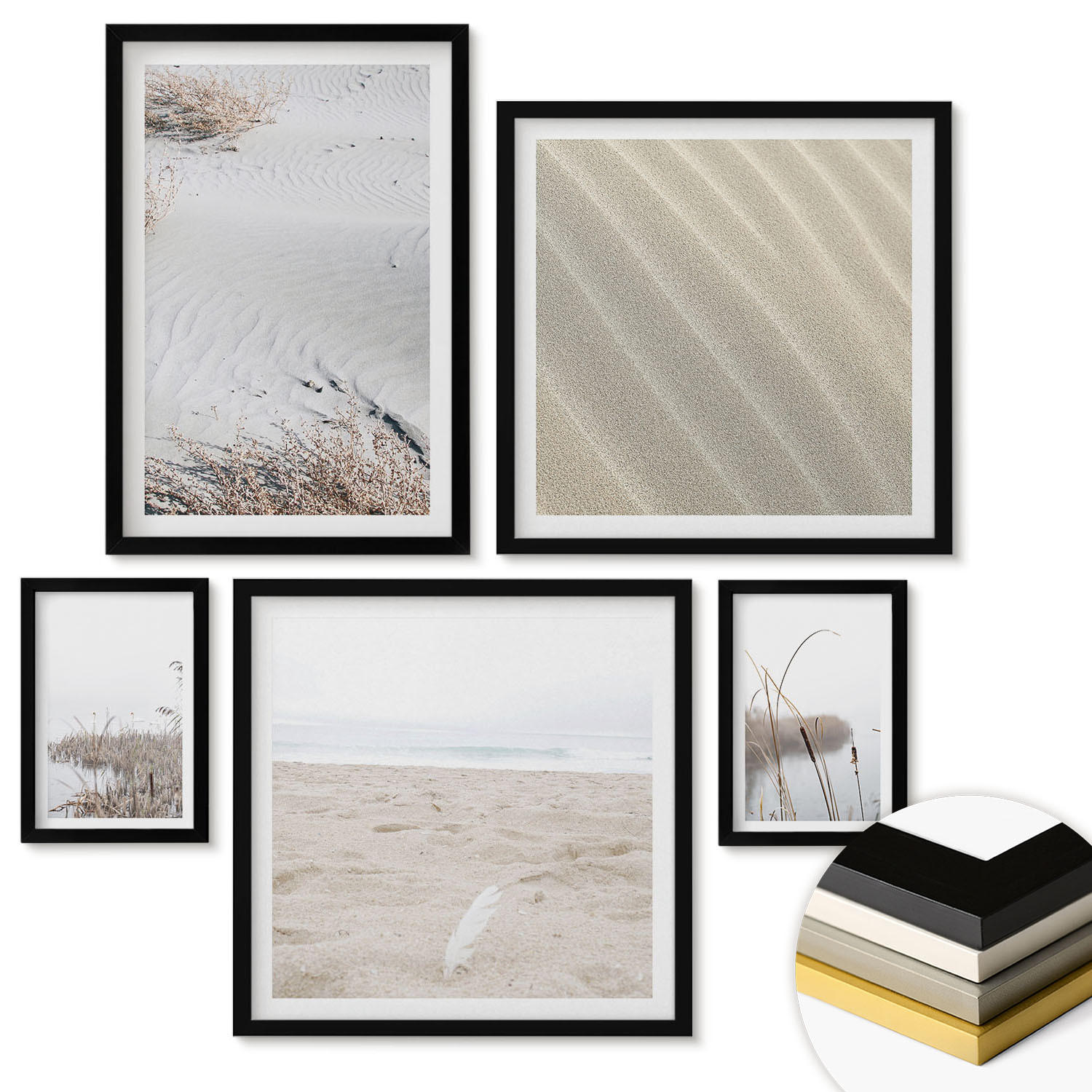 WANDBILDER 5er-Set - 50x50 cm & 20x30 cm & 40x60 cm Schwarzer Rahmen - Vegetation am Wasser im Sommer - Schwarz, Kunststoff (40/60cm) - ArtPrintCave