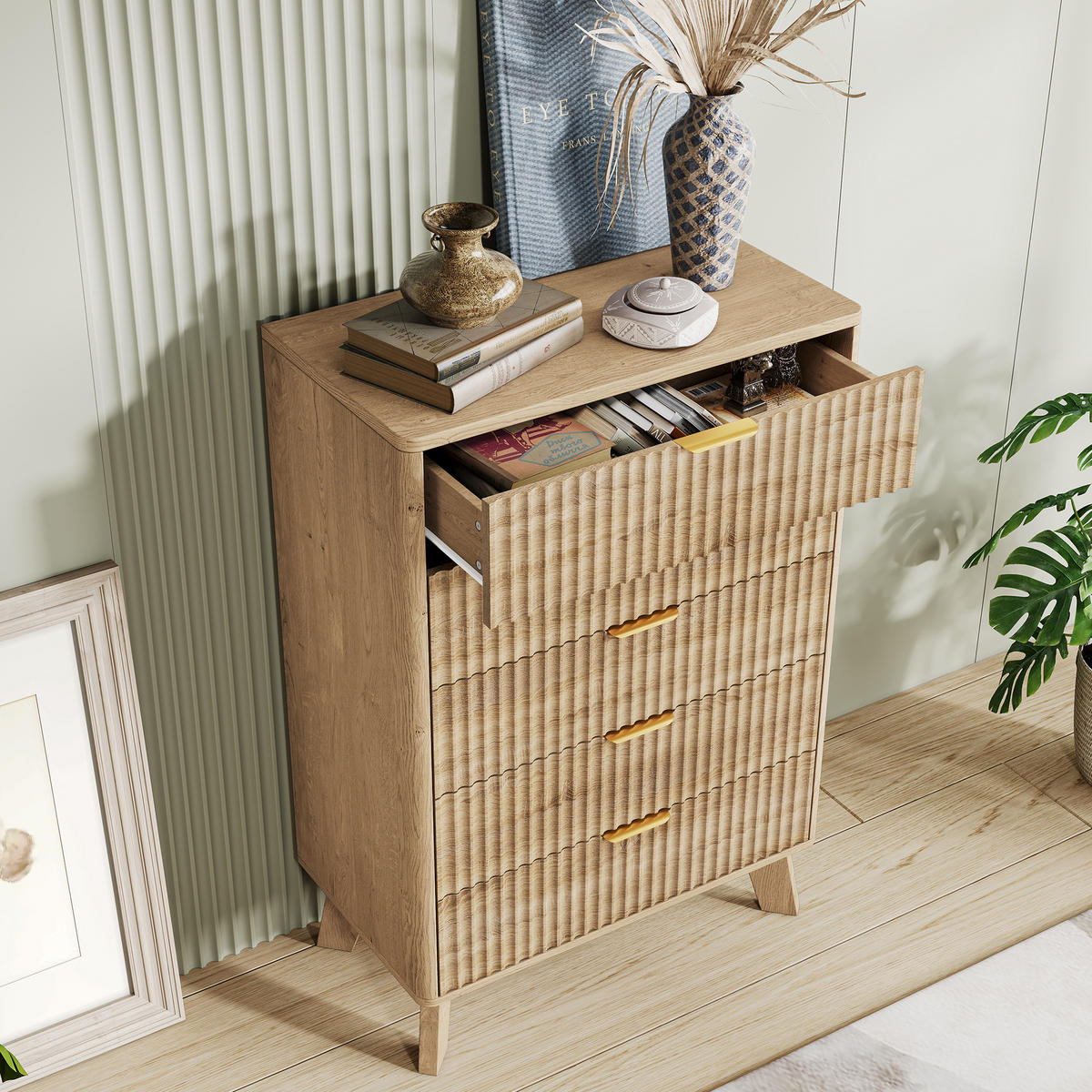 KOMMODE mit vertikaler Rillenfront, 5 Schubladen Stauraum, Eiche hell, 40/73/108cm - Eichefarben, Holz (73/108/40cm) - Joyfair