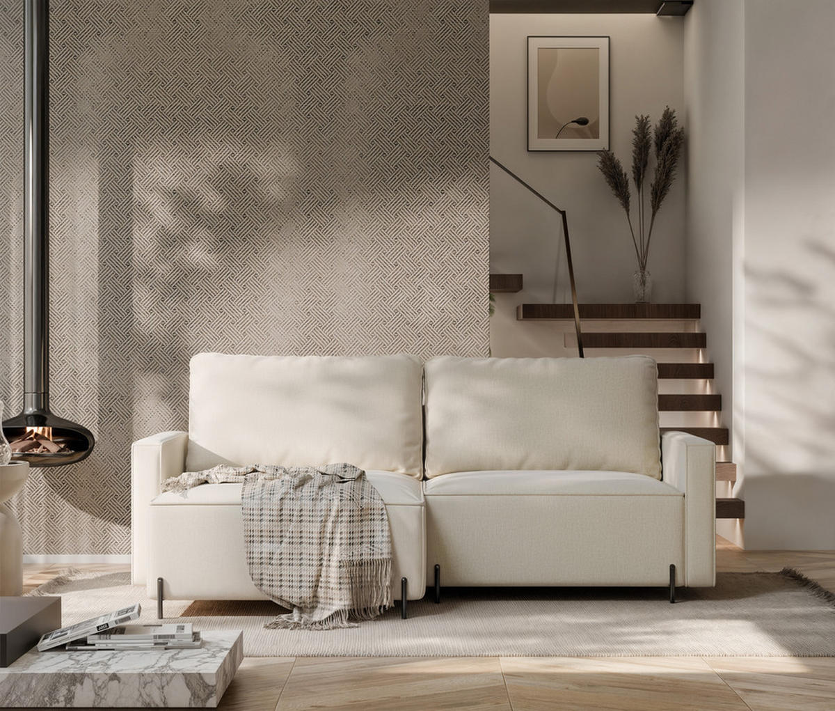 ECKSOFA LEO Links, mit Schlaffunktion und Bettkasten, Creme - Creme, Textil/Metall (229/148cm) - Idohome