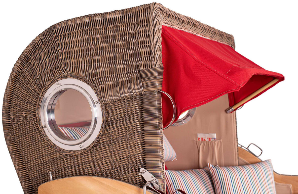 STRANDKORB Düne Grande Bullauge Teak PE Grey Dessin 585 - Rot/Braun, Metall (142/170/95cm) - Mr. Deko