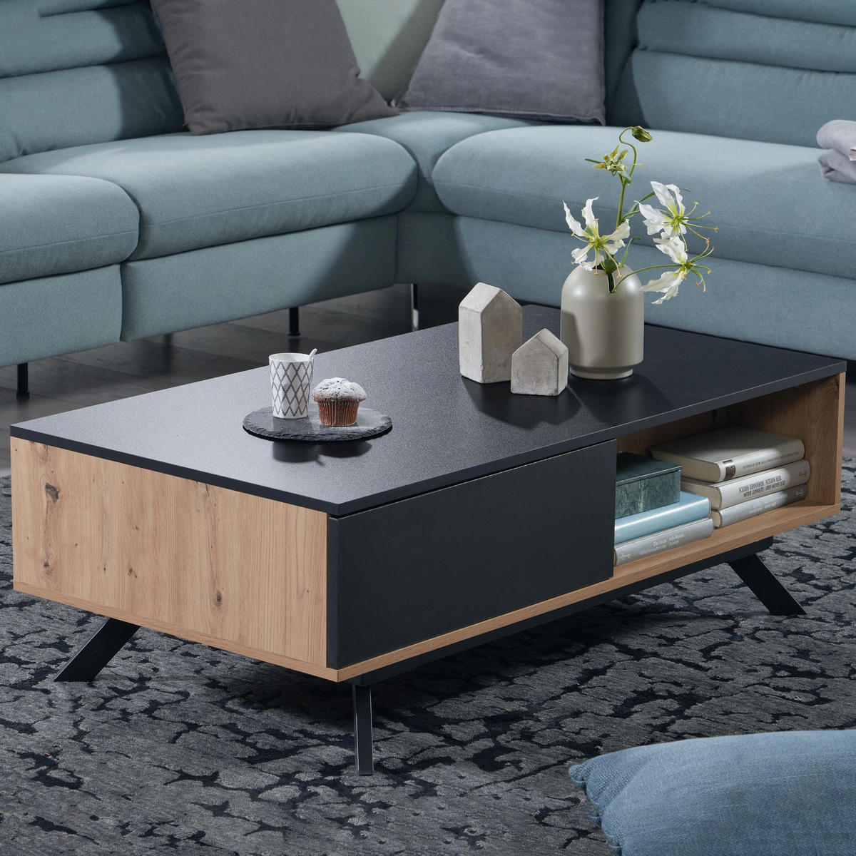 COUCHTISCH Eiche-Dekor Schwarz mit Stauraum, Wasserabweisend, 110x60x38 cm - Schwarz/Braun, Holz/Metall (60/110/38cm) - KADIMA DESIGN