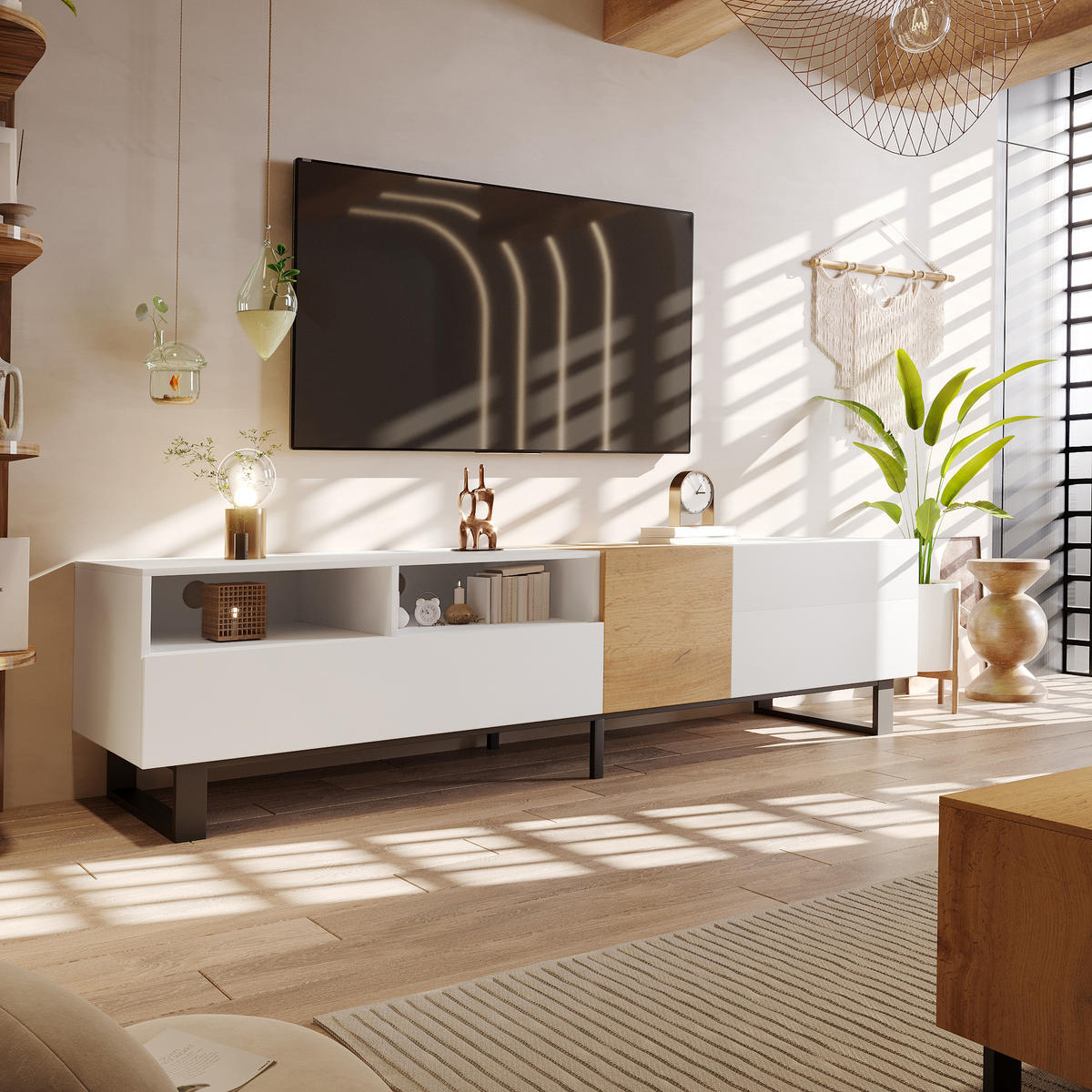 TV-SCHRANK Modern Weiß & Holzoptik Minimalistisch 180x50cm - Weiß, Holz (44.5/13/103.5cm) - FLIEKS