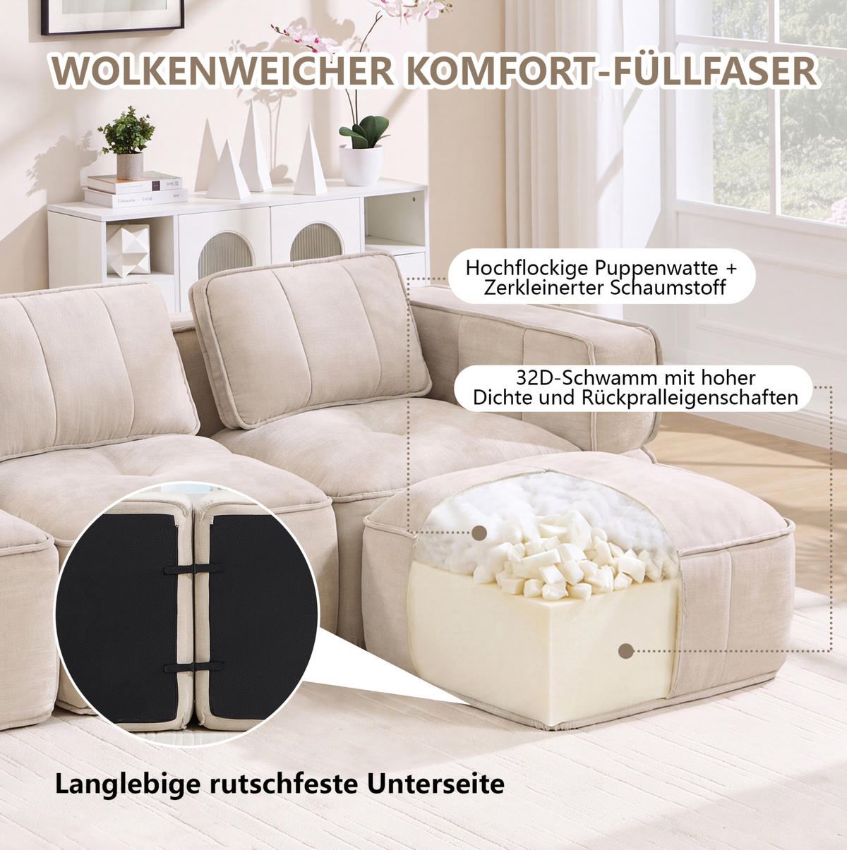 SOFA modular mit rahmenlosem Design Polyester Beige - Beige, Textil (217/67/93cm) - IVMEU