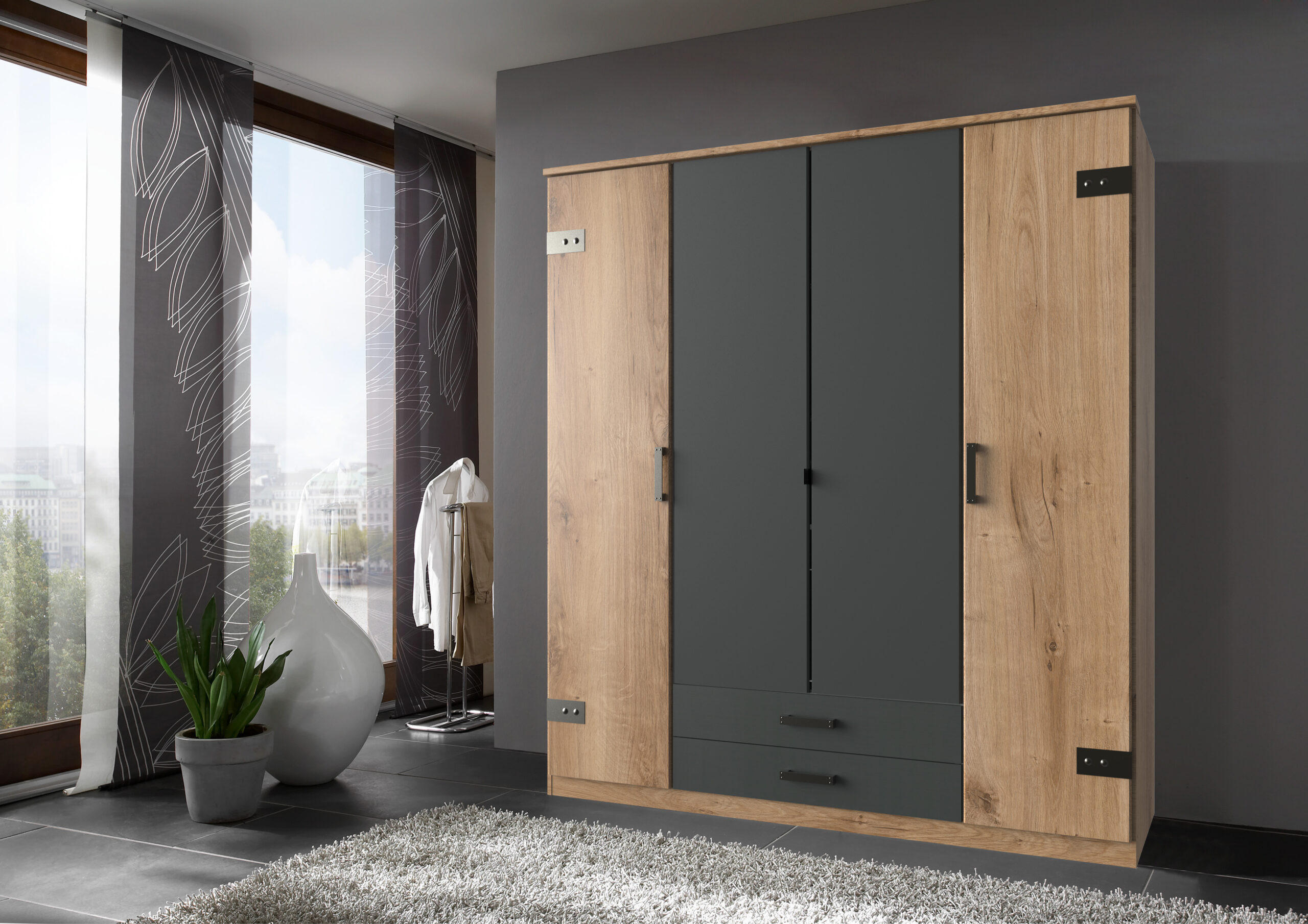 KLEIDERSCHRANK Cork in Plankeneiche mit Grafit 180x199x58 cm (BxHxT) – Drehtürenschrank ohne Spiegel in Breite 180cm - Braun/Grau, Holzwerkstoff (120/200/80cm)