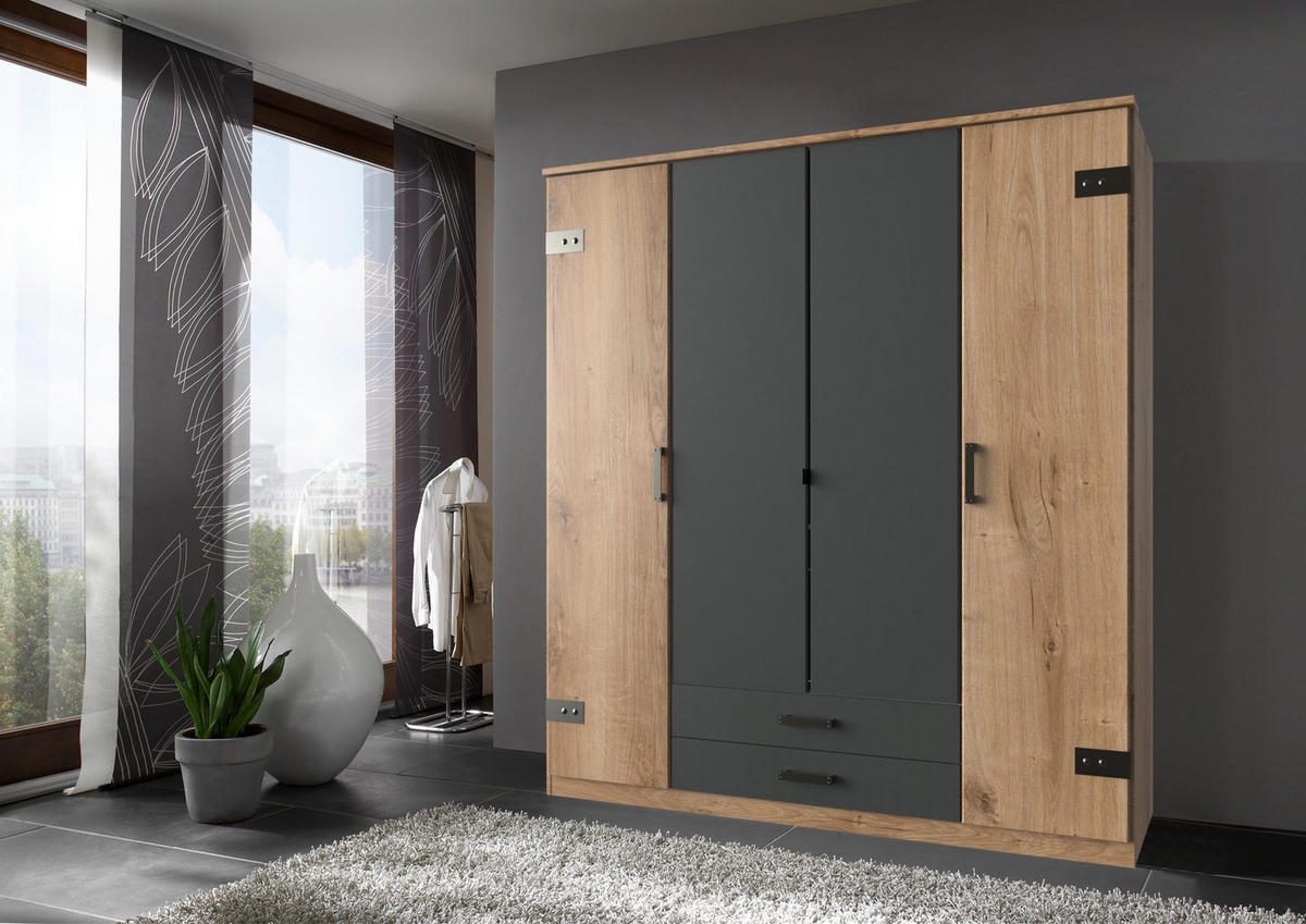 KLEIDERSCHRANK Cork in Plankeneiche mit Grafit 180x199x58 cm (BxHxT) – Drehtürenschrank ohne Spiegel in Breite 180cm - Braun/Grau, Holzwerkstoff (120/200/80cm)