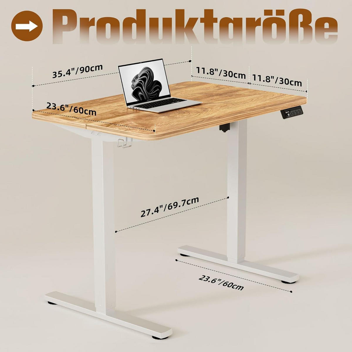 SCHREIBTISCH höhenverstellbar elektrisch 90 x 60 cm Hellbraun - Braun, Holzwerkstoff (60/90/73cm)