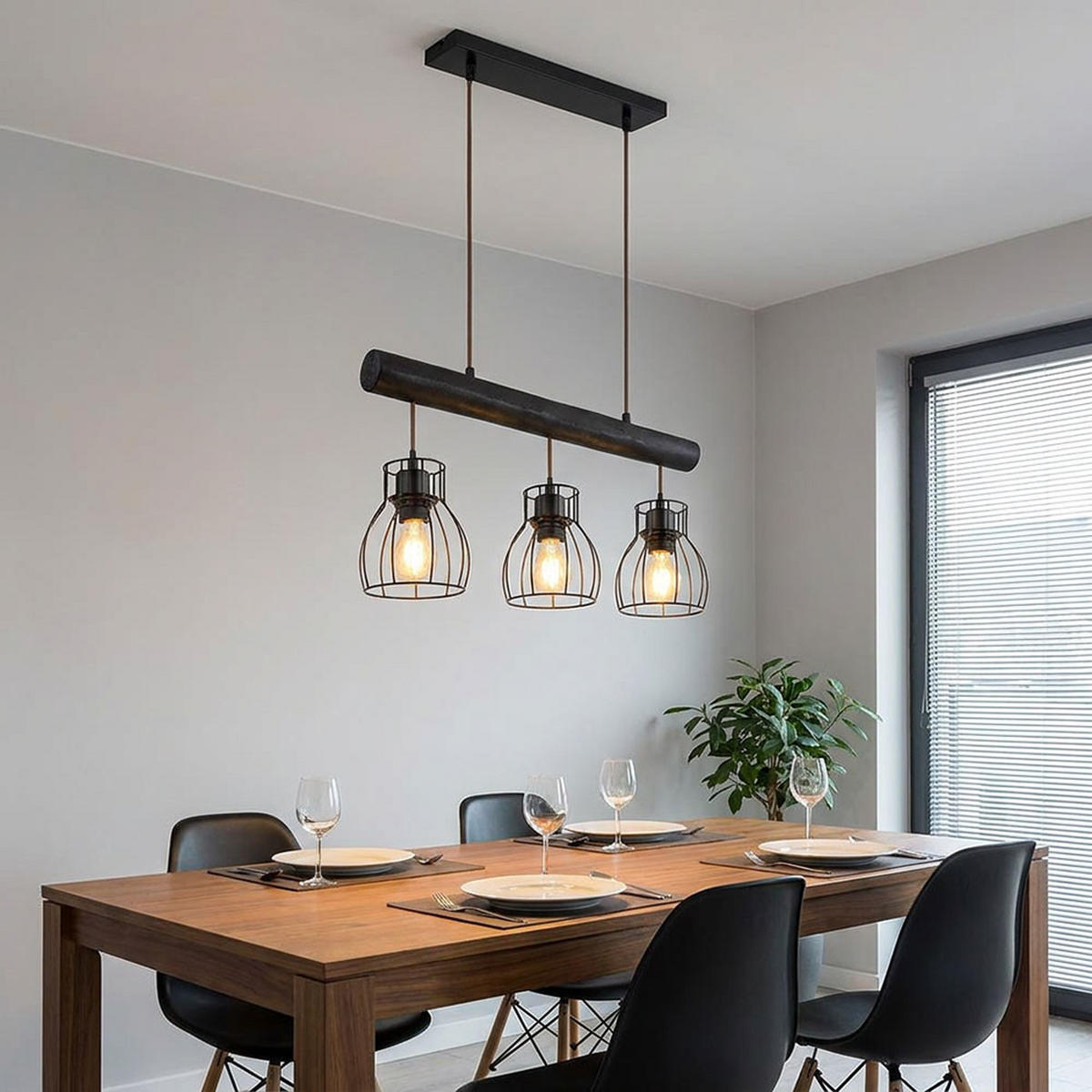 HÄNGELEUCHTE Holz Schwarz Metallgitter - Schwarz, Holz (60/13.6/140cm) - Globo Lighting