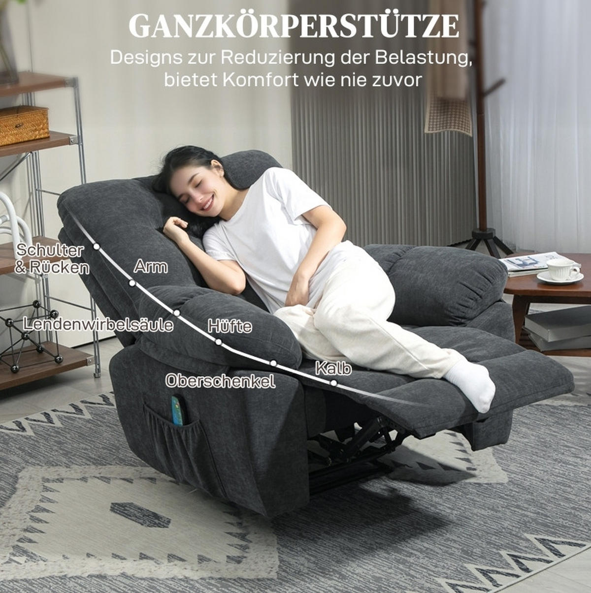 RELAXSESSEL in Dunkelgrau 100x102x107 cm mit Vibrationsmassage und Liegefunktion - Dunkelgrau, Textil (102/107/100cm) - IVMEU