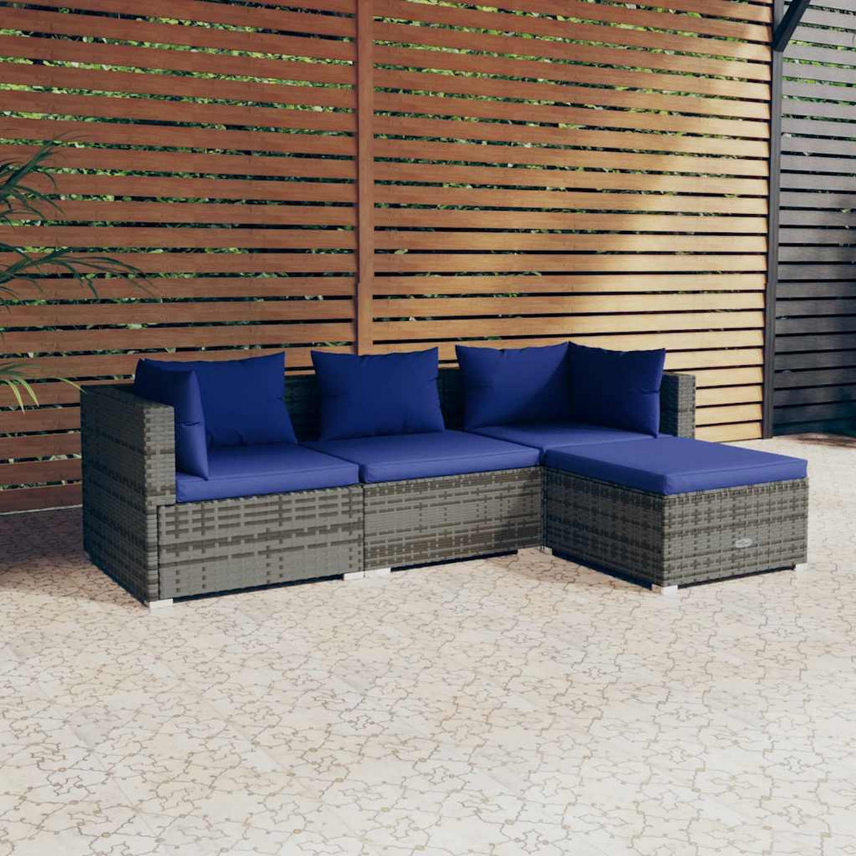 GARTEN-LOUNGE-SET 4-teilig Mit Kissen Poly Rattan Grau - Blau/Grau, Kunststoff/Textil - vidaXL