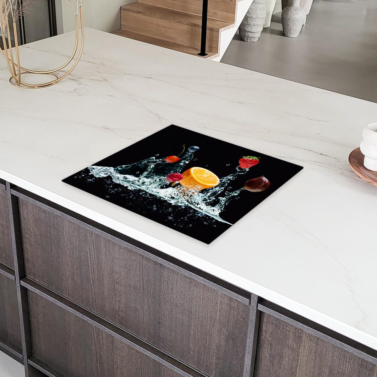 HERDABDECKPLATTE Wasser - Obst - Orange - Erdbeere - Kirsche - Schwarz 58x51 cm - Orange, Kunststoff (58.3/51.3/0.2cm) - MuchoWow