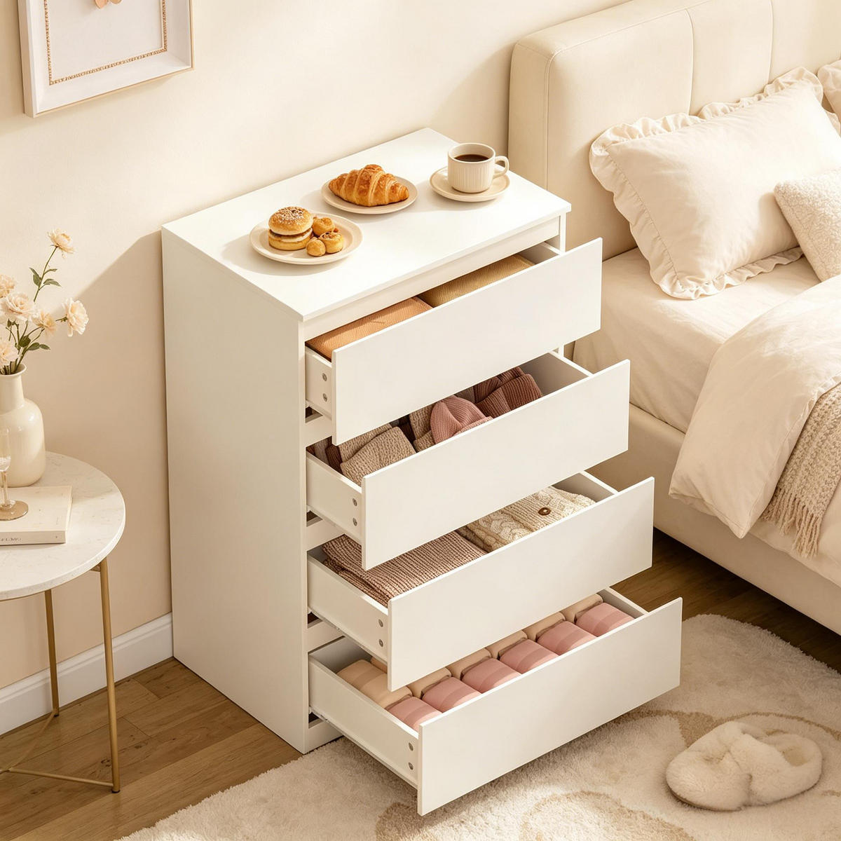 NACHTTISCH DE-38066 60/40/90 cm mit 4 Schubladen Weiß - Weiß, Holzwerkstoff (60/90/40cm) - ComfortXL