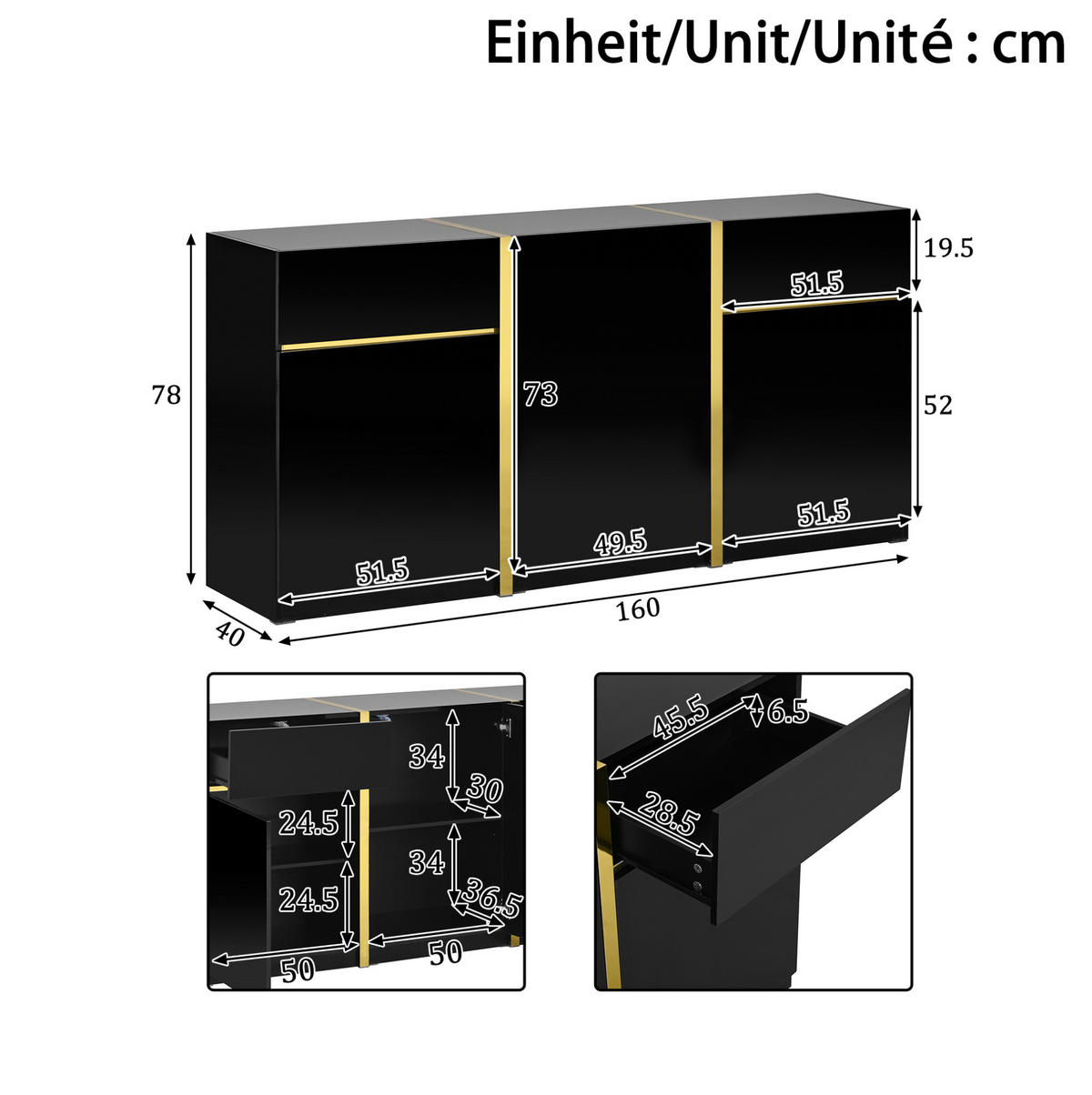 SIDEBOARD 160/40/78 cm mit 3 Türen, 2 Schubladen und verstellbaren Einlegeböden, Hochglanz MDF/PB, Schwarz - Schwarz, Holzwerkstoff (160/78/40cm) - Redom