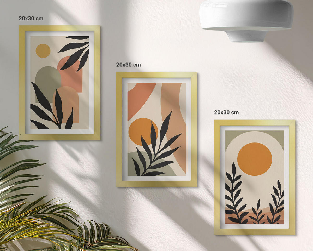 WANDBILDER 3er Set - 20x30 cm Goldrahmen - Abstrakte Pflanzenformen - Goldfarben, Kunststoff (20/30cm) - ArtPrintCave