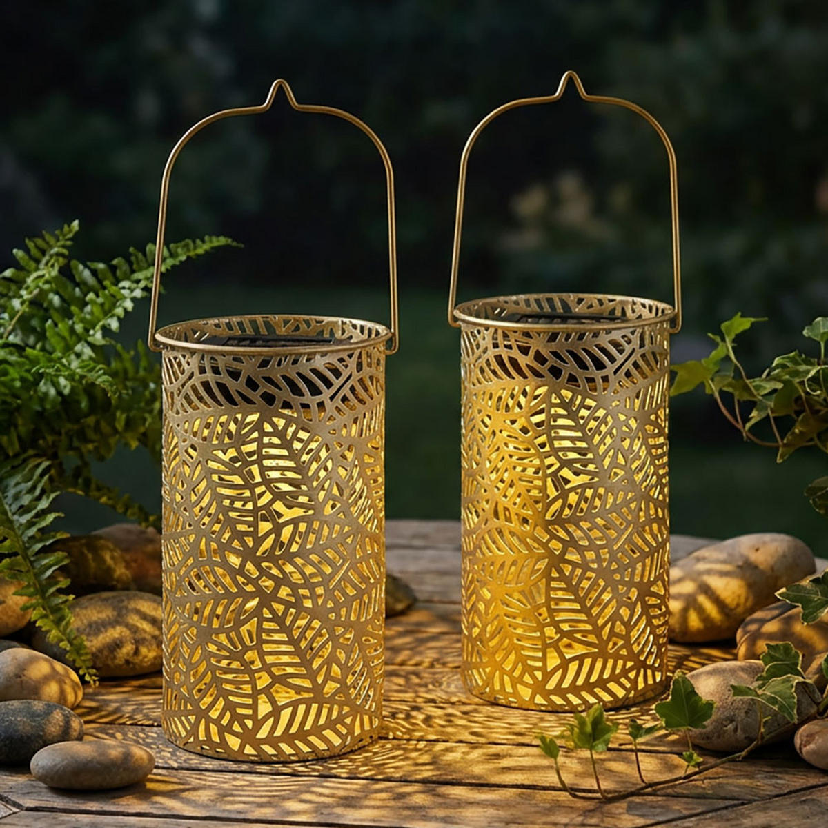 LED LATERNE Blättermuster Gold 2er Set - Goldfarben, Metall (10/10/18cm)
