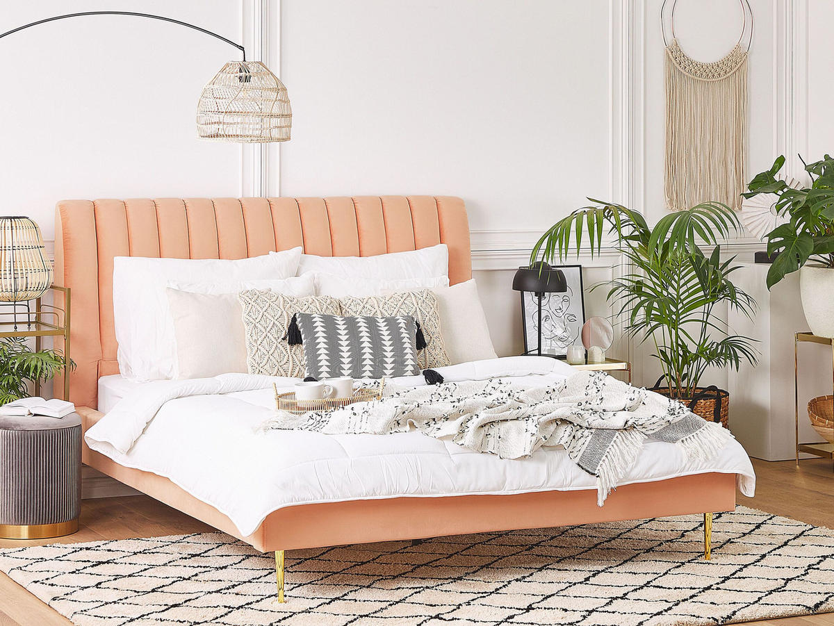 POLSTERBETT 180/200cm Pfirsichrosa Marville - Pink, Textil (180/200cm) - Beliani