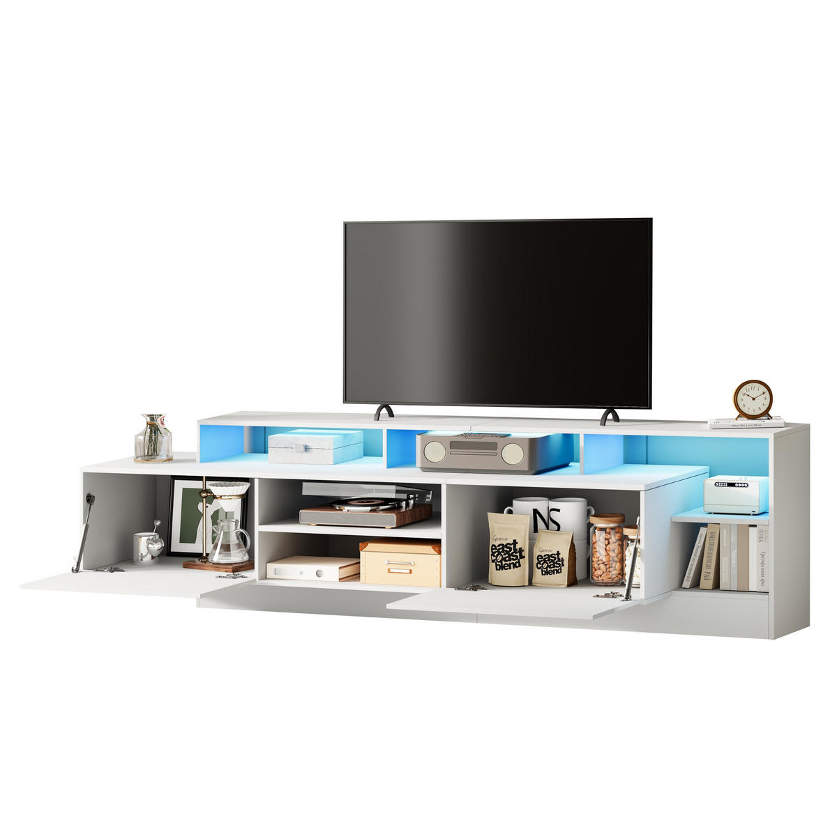 TV-LOWBOARD aus Spanplatte 190x40x48,5 cm Weiß mit LED-Beleuchtung, Klapptüren und Hochglanzfront - Weiß, Holzwerkstoff (190/48.5/40cm) - Modfu