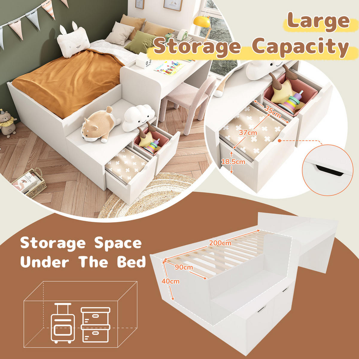 KINDERBETT 90x200cm Massivholz Schreibtisch & Schubladen Stauraum Weiß - Weiß, Holz - FLIEKS