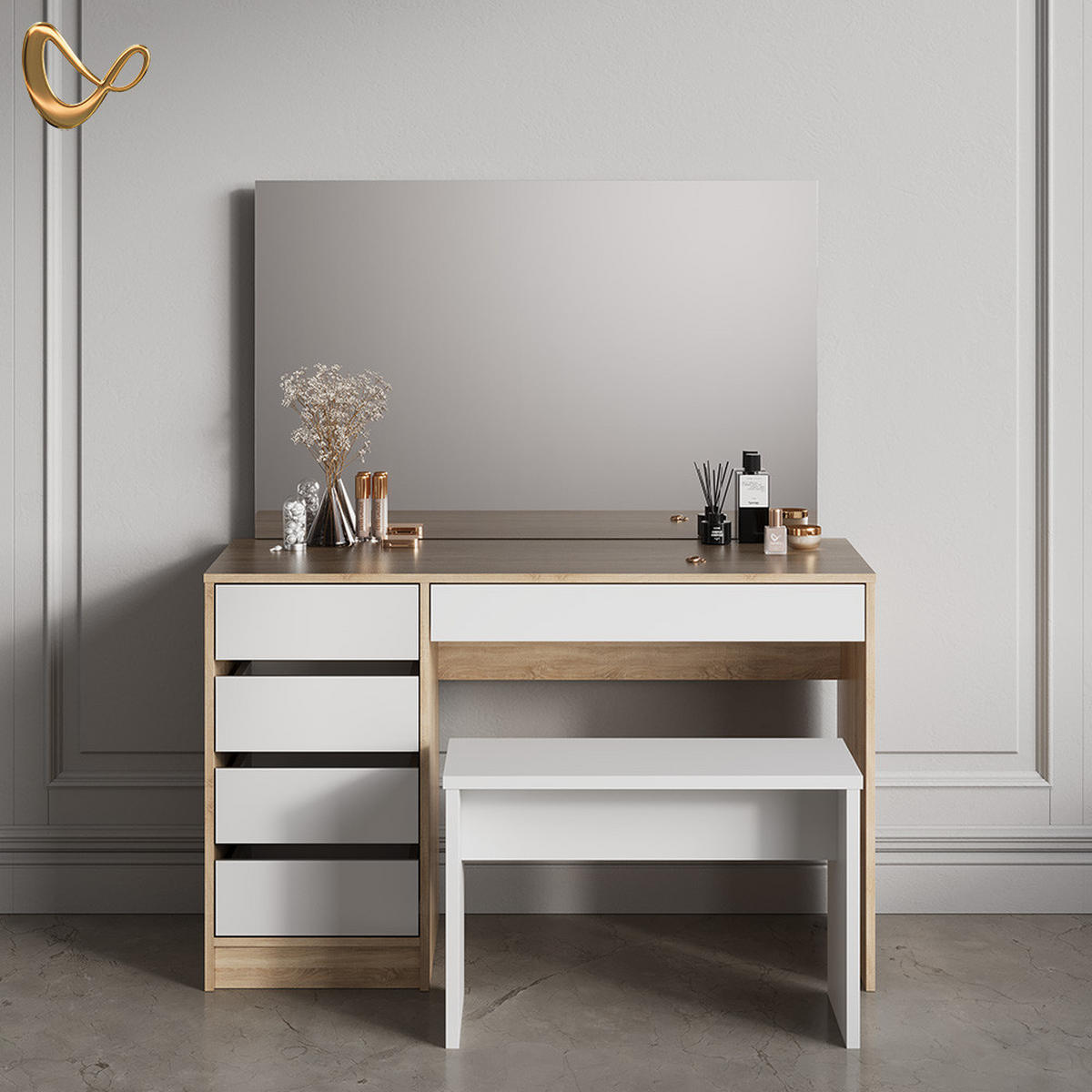 SCHMINKTISCH Imola Weiß/Sonoma 120 cm mit Bank - Weiß/Sonoma Eiche, Holzwerkstoff (120/75/55cm) - Livinity®