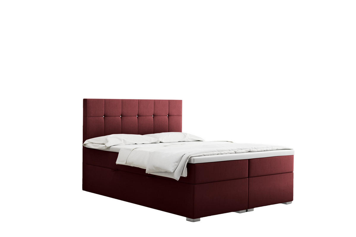 BOXBETT Mit Matratze Und Bettkasten LINDT Stoff Velvet 200x200 cm Rotwein H3-Bonell - Dunkelrot, Holz (200/200cm) - Kaiser Möbel