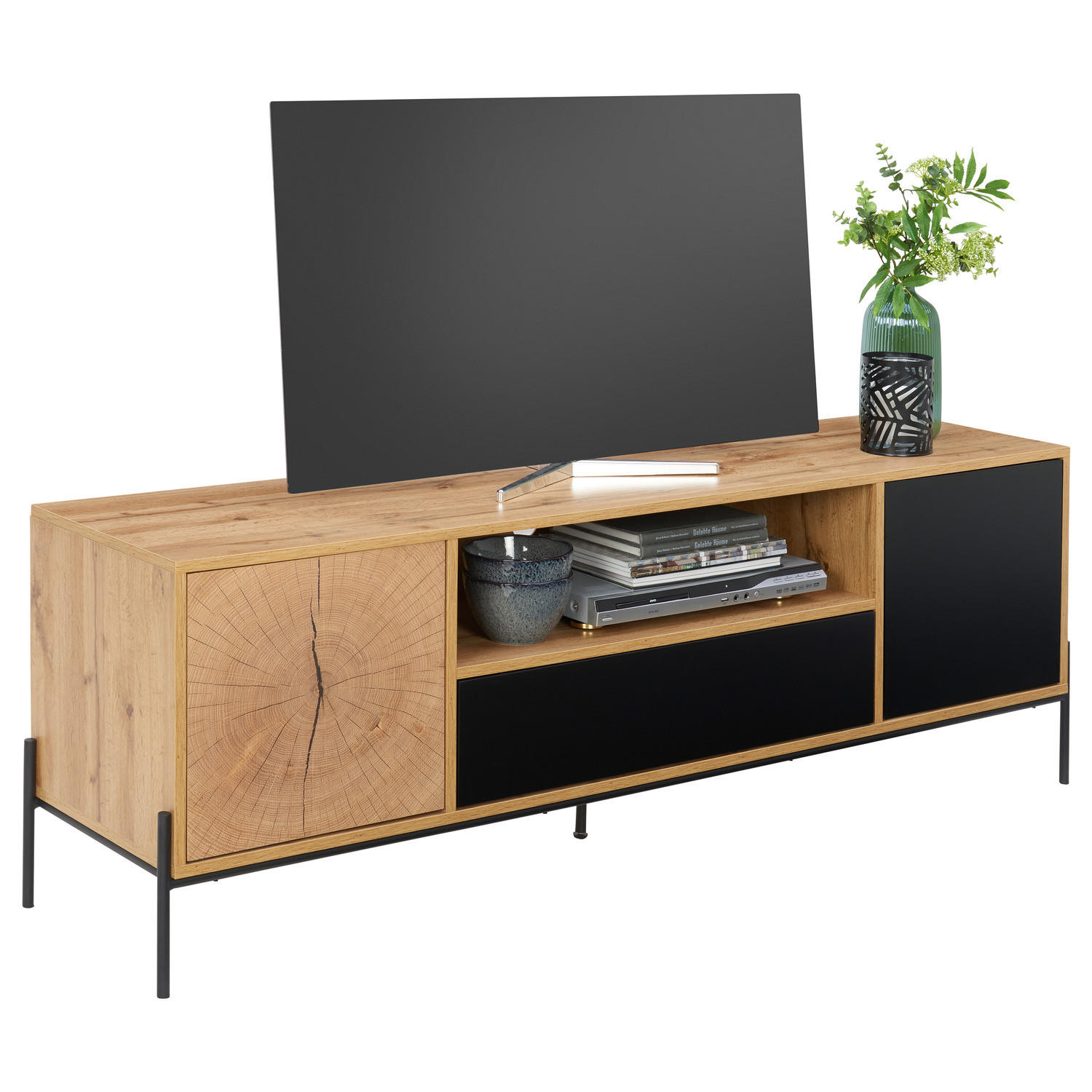 TV-LOWBOARD - Eiche Dekor / Schwarz - Eichefarben/Schwarz, Holzwerkstoff/Metall (160/55/40cm) - home24