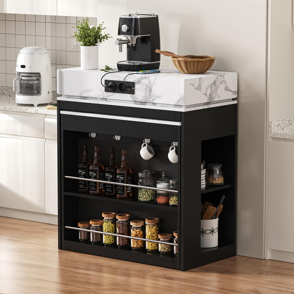 KÜCHENINSEL aus MDF+Glas 83x46-146,5x96 cm Schwarz mit Ausziehtisch & Steckdosen - Schwarz, Holzwerkstoff (146.5/96/83cm) - Modfu