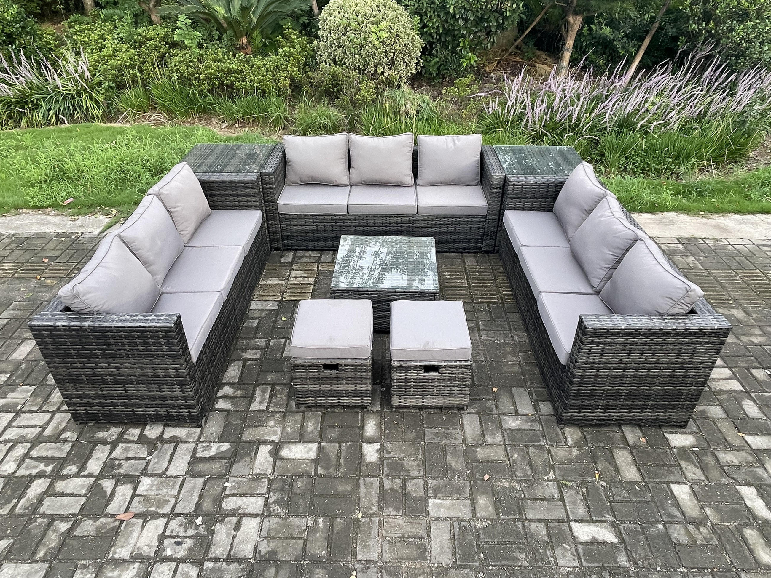 GARTENTISCHGRUPPE Polyrattan 11-Sitzer - Dunkelgrau, Metall - Fimous