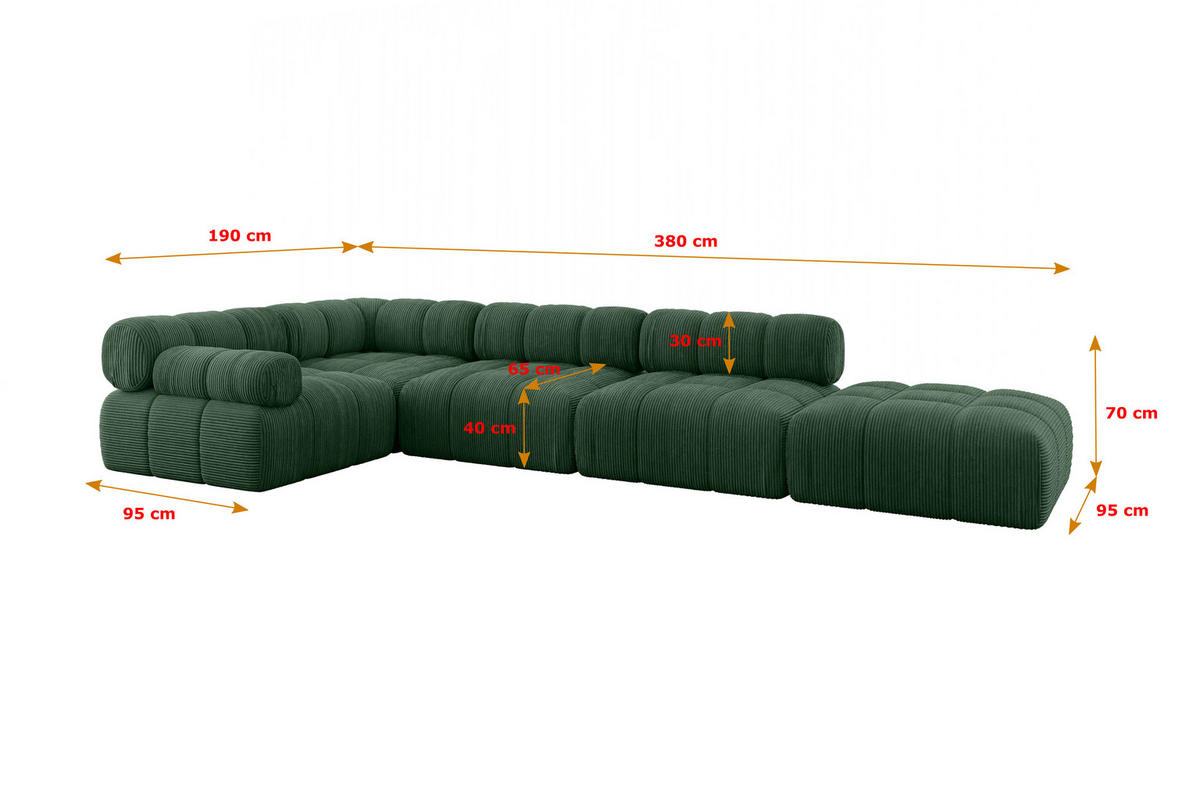 ECKSOFA modulares Sofa Felto-L2 - 380x190x70 cm Grün Cord - Grün, Holzwerkstoff/Textil (380/190cm) - ALTDECOR