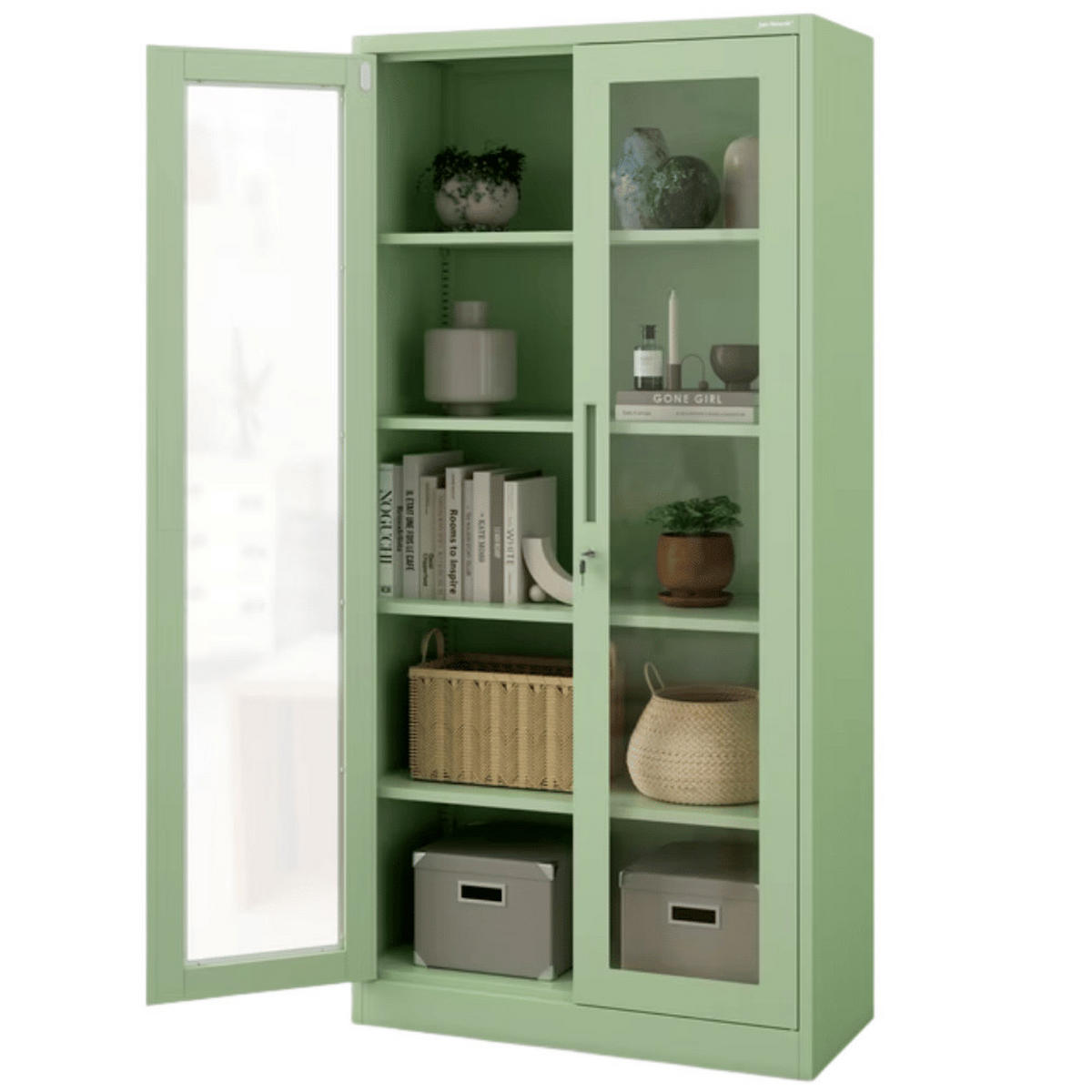 VITRINENSCHRANK abschließbar ELLO mit Glastüren 185x90x40cm Pastellgrün - Pastellgrün, Metall (90/185/40cm) - DELUKE