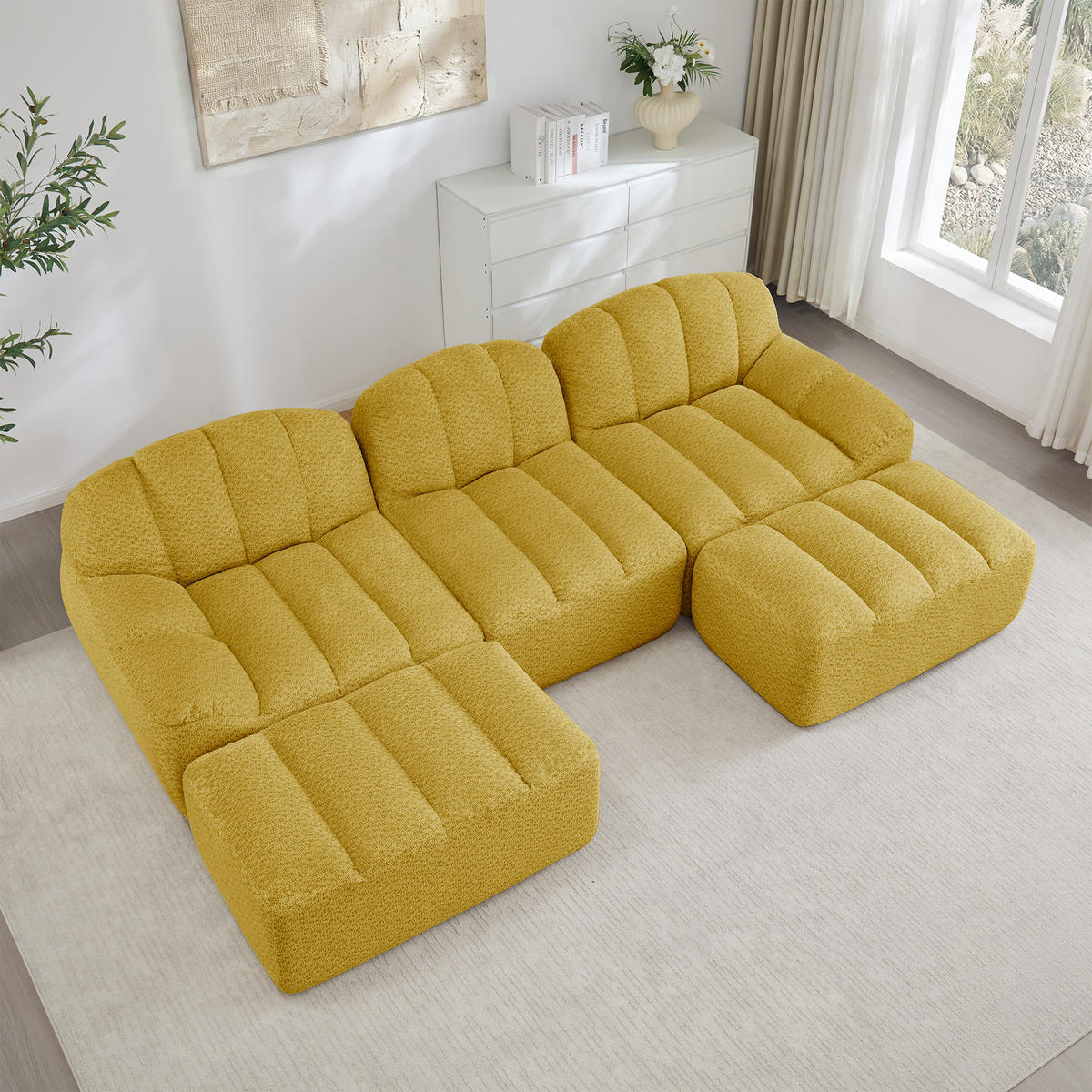 WOHNLANDSCHAFT Gelb 3-Sitzer Modular mit 2 Hockern und Cordstoff - Gelb, Textil (288/79/165cm) - PANGIVO