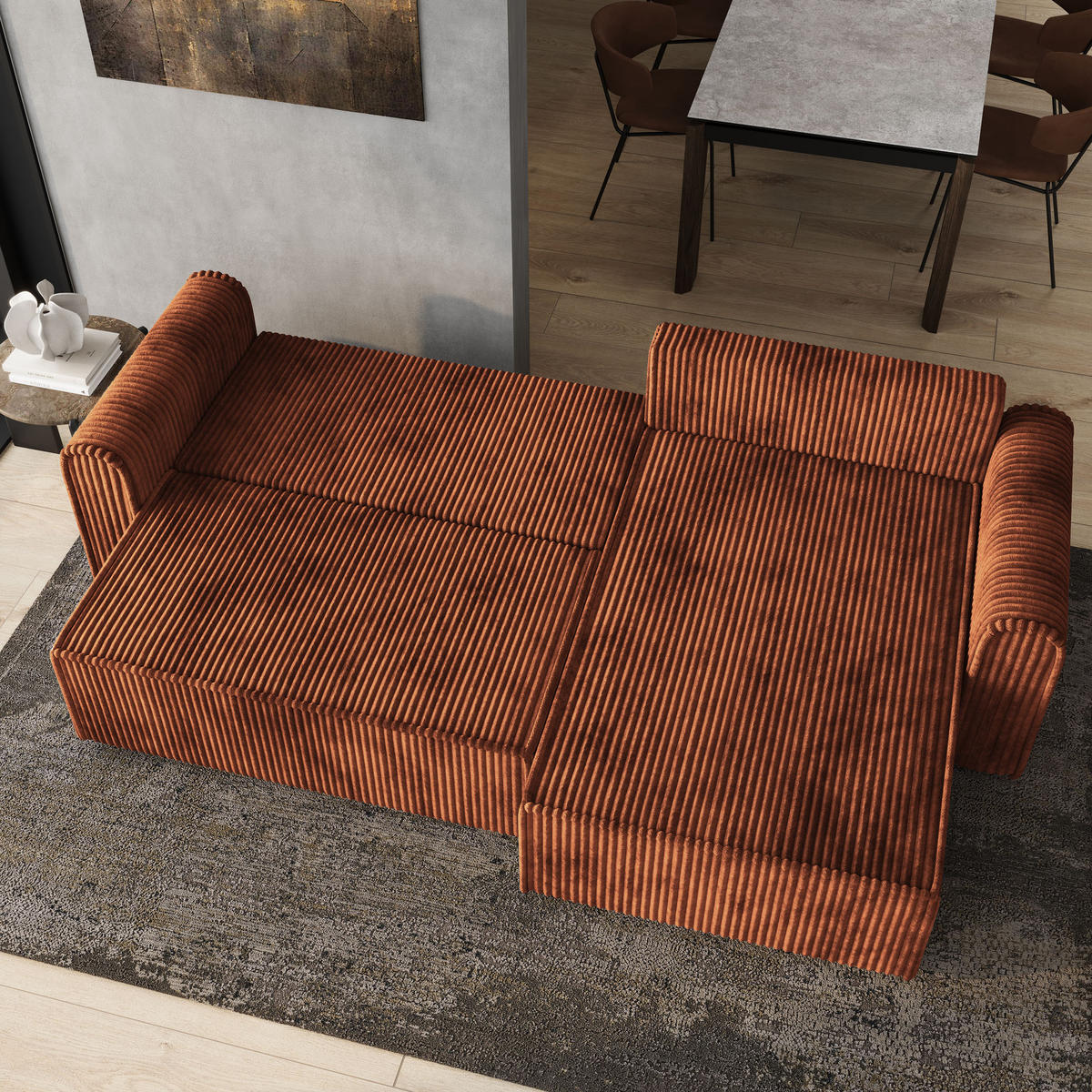 ECKSOFA VALTINO Braun Kordstoff mit Schlaffunktion - Braun, Holz (275/148cm) - MASSENO