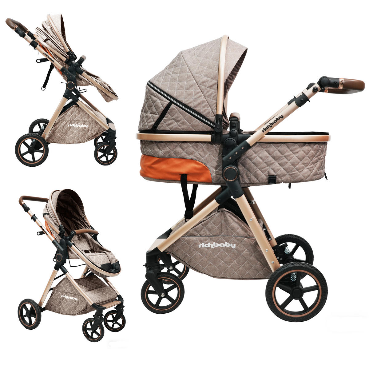 BUGGY Kinderwagen 2 in 1 faltbar mit abnehmbarer Babywanne und All-Terrain Federung - Hellbraun, Metall (80/62/106cm) - Raelunyi
