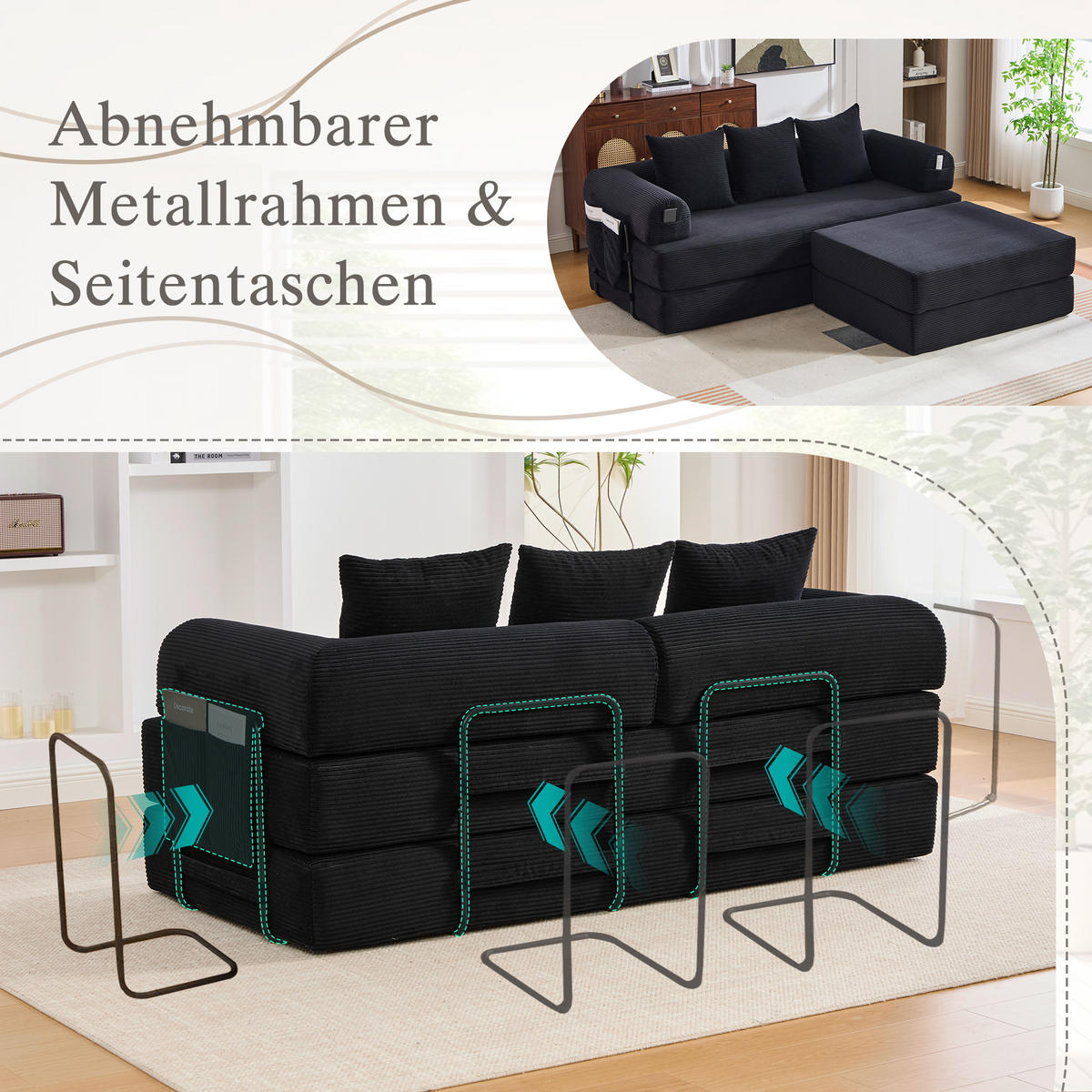 ECKSOFA Cord Schwarz mit Seitentasche und 3 Kissen - Schwarz, Textil/Metall (218/285cm) - WISHDOR