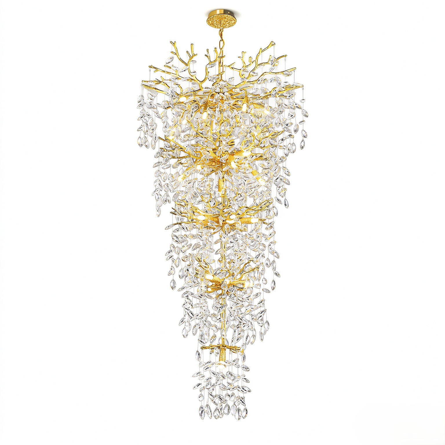 TREPPEN-KRONLEUCHTER 160 cm 5-stufiger K9‑Kristall Baumzweig Gold für Eingangsbereich und Wohnzimmer - Gelb, Naturmaterialien (75/67/41.5cm) - Surtime