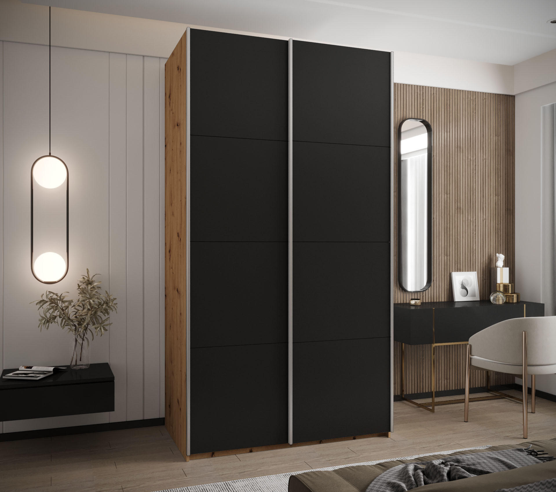 SCHWEBETÜRENSCHRANK 245,5/160/64 2-türig - Silberfarben/Schwarz, Holz/Metall (160/245/64cm) - Abiks Möbel