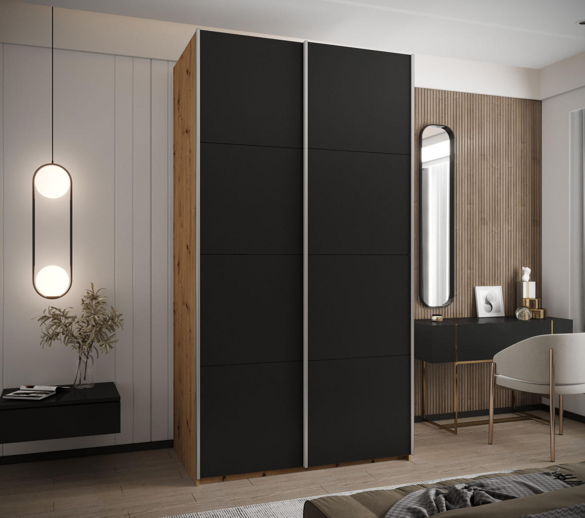 SCHWEBETÜRENSCHRANK 245,5/160/64 2-türig - Silberfarben/Schwarz, Holz/Metall (160/245/64cm) - Abiks Möbel