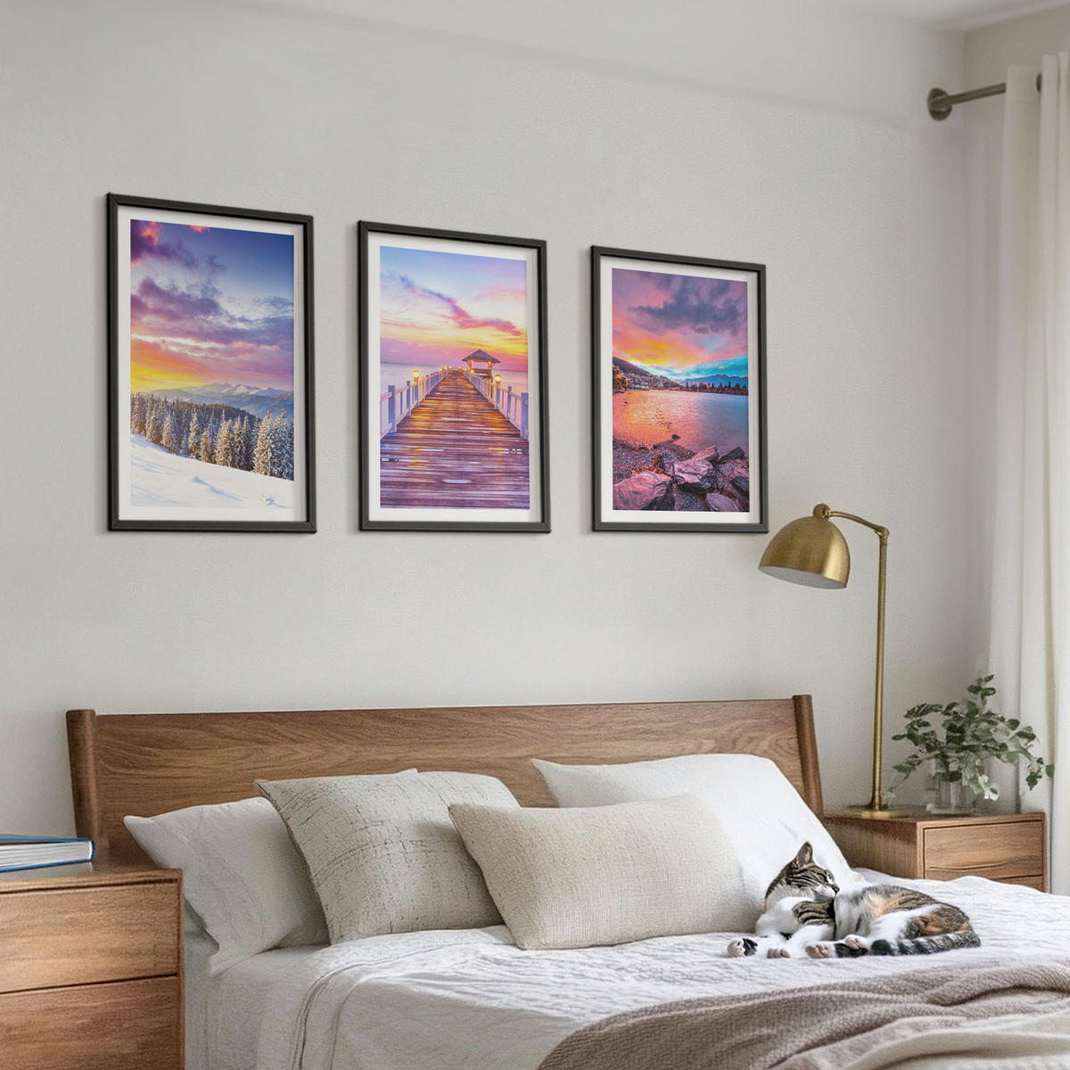 BILDER SET 3er Set - 40x60 cm Schwarzer Rahmen - Winterliche Bergseelandschaft - Schwarz, Kunststoff (40/60cm) - TULUP