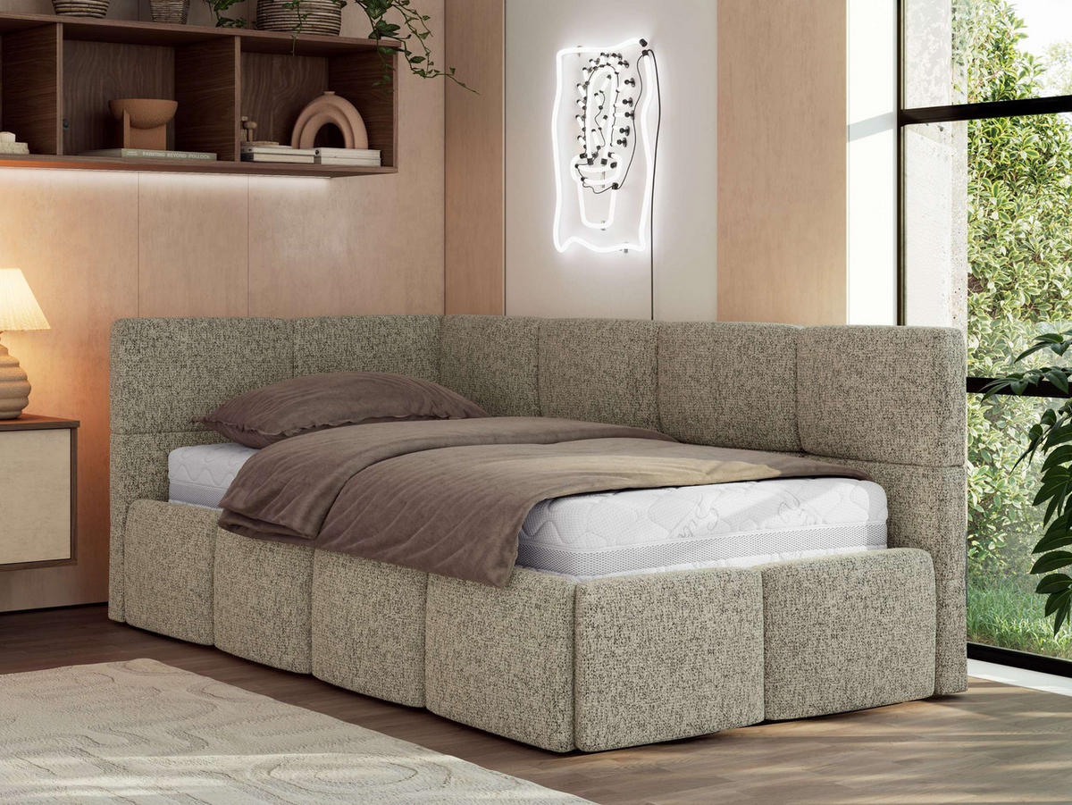 JUGENDBETT ARVO 90/200 - Dunkelbeige Strukture - Pocket-Matratze - Links Seite - Bronzefarben, Textil (90/200cm) - MKS