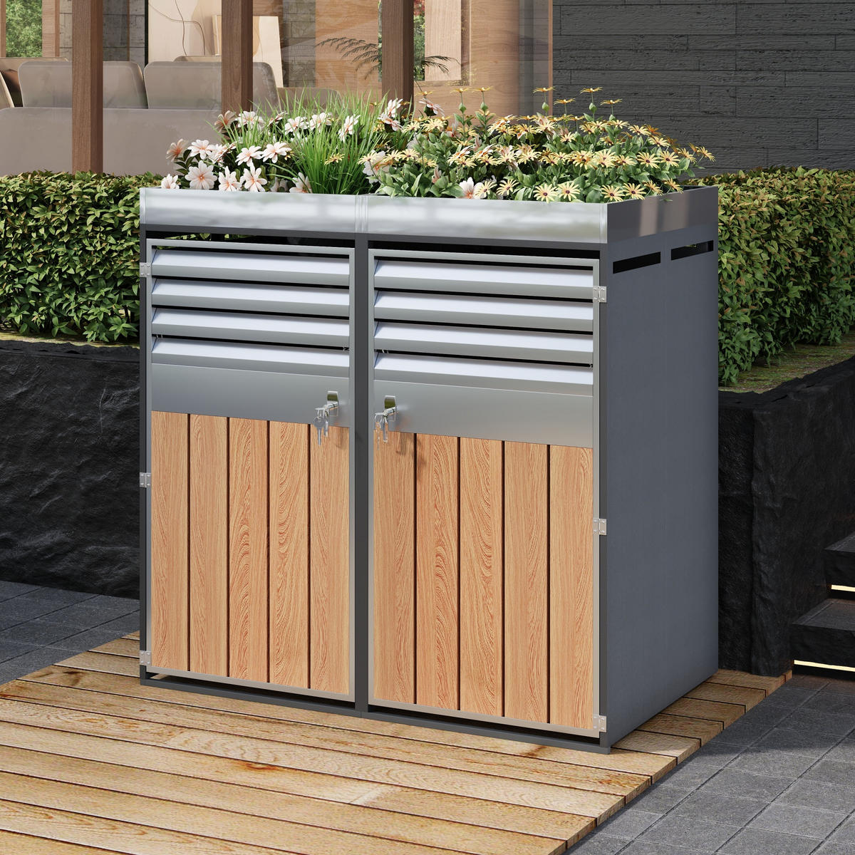 MÜLLTONNENBOX 2 Türen Lamellen Lüftung Pflanzfläche - Grau, Metall (132/124.5/80cm) - LEBENLANG