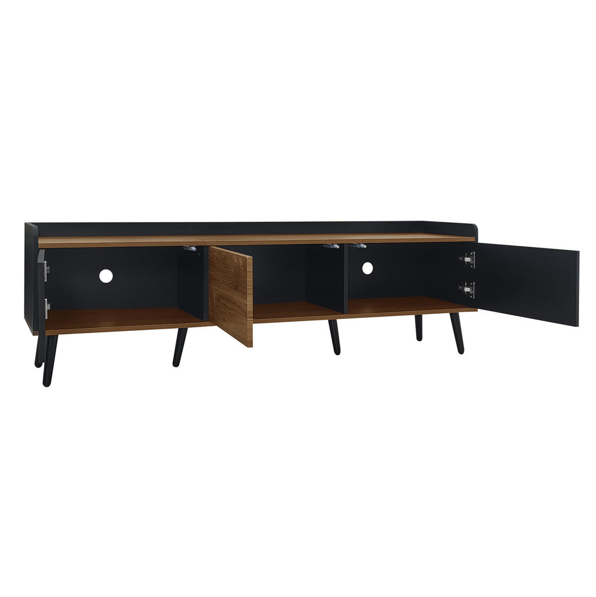 TV-SCHRANK aus MDF und Spanplatte 160x39x49,5 cm Schwarz/Natur mit 3 Türen, erhöhtem Rand und Kippschutz - Schwarz, Holzwerkstoff (160/49.5/39cm) - Modfu