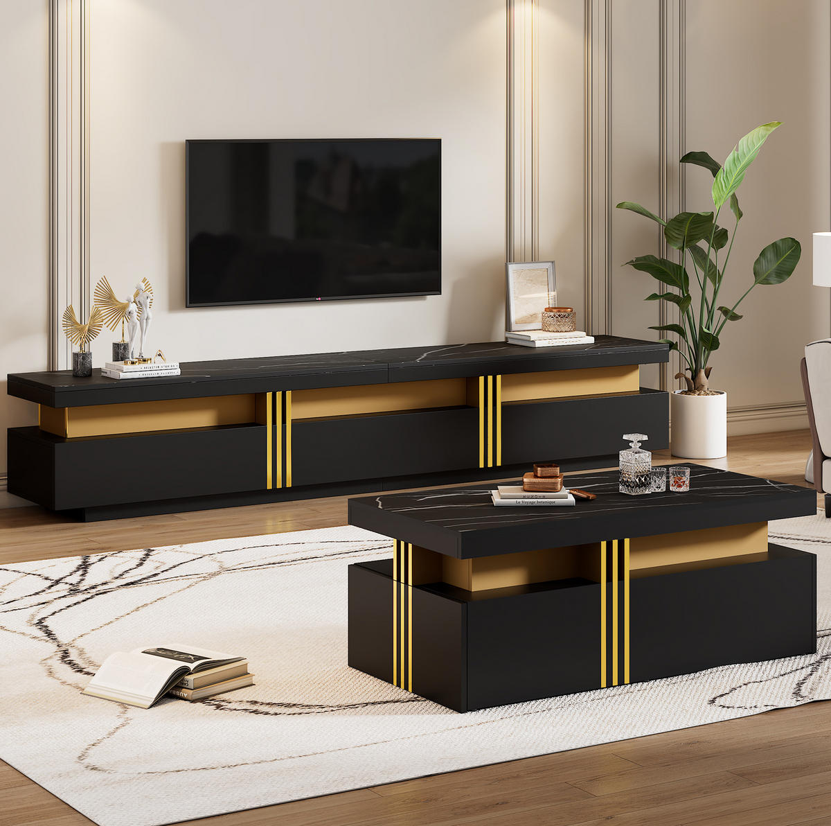 TV-ELEMENT mit Couchtisch - Schrankkombination 2er-Set in Schwarz und Gold - Schwarz, Holzwerkstoff (100/40/50cm) - OKWISH