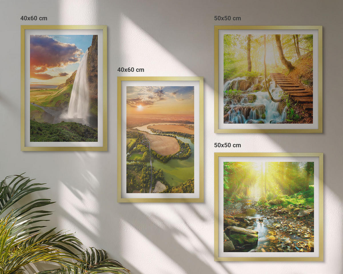 WANDBILDER 4er Set - 50x50 cm & 40x60 cm Goldrahmen - Orange Mountain Wasserfall - Goldfarben, Kunststoff (50/50cm) - ArtPrintCave