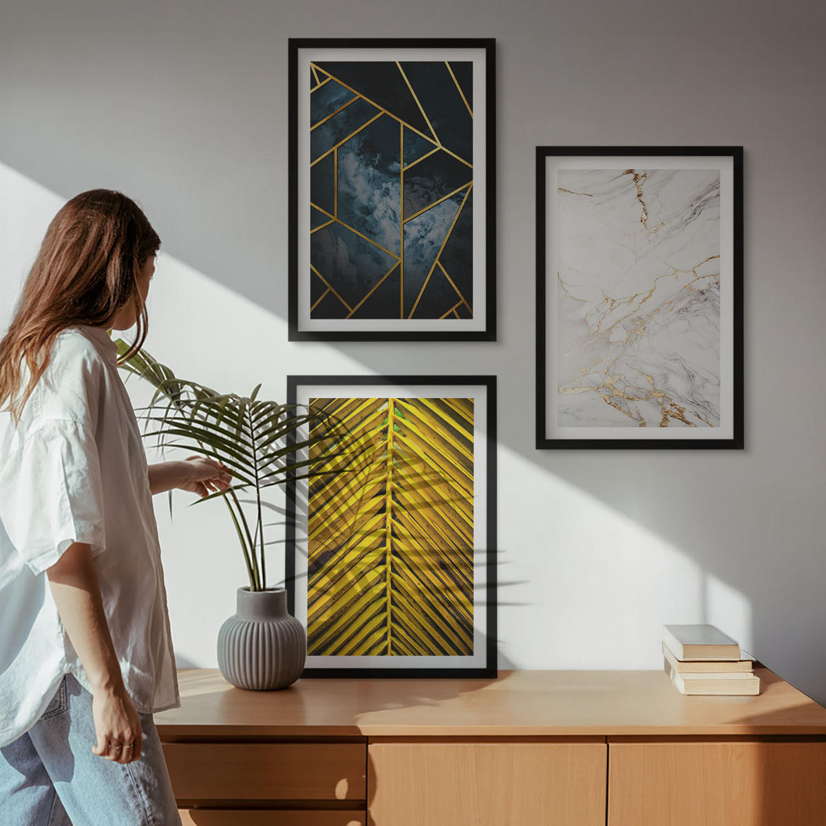 BILDER SET 3er Set - 40x60 cm Schwarzer Rahmen - Geometrische Muster und Vegetation - Schwarz, Kunststoff (40/60cm) - TULUP