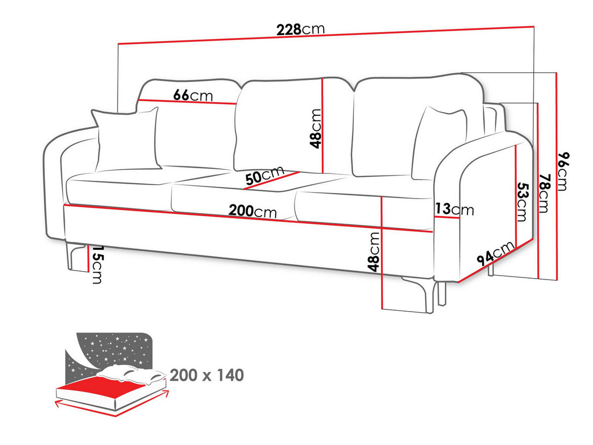 SCHLAFSOFA Venice - Schwarz/Rosa, Holz/Textil (225/96/94cm) - MIRJAN24
