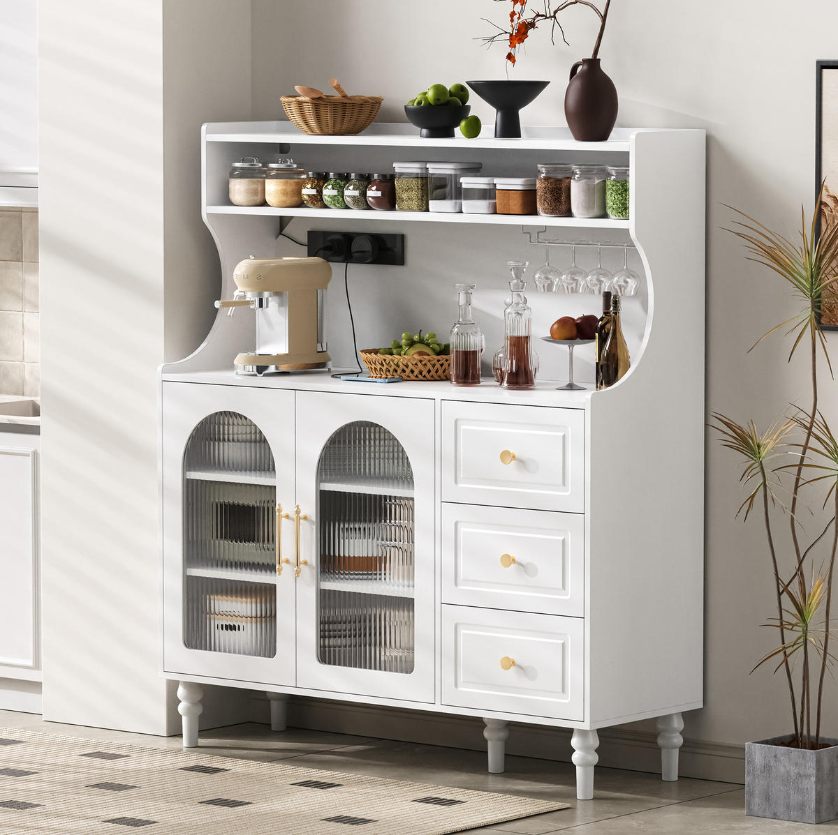 BUFFET 120/40/138,5 cm Weiß aus MDF mit Steckdose - Weiß, Holzwerkstoff (120/138.5/40cm) - OKWISH