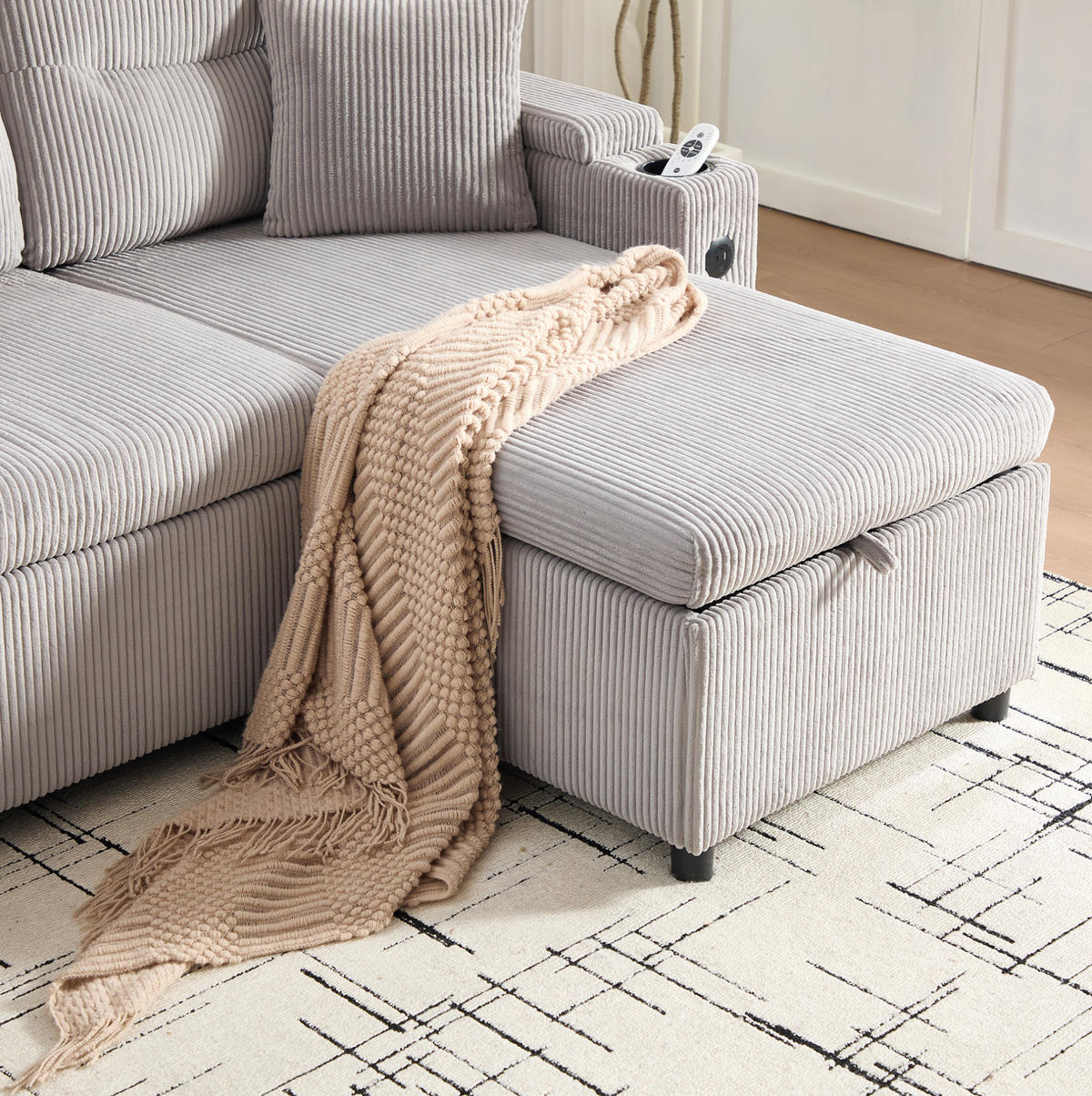 SOFA 212,5/136/86 cm in Hellgrau mit Stauraum, USB- und Type-C-Anschlüssen - Hellgrau, Textil (136/86/212.5cm) - Flora Grace
