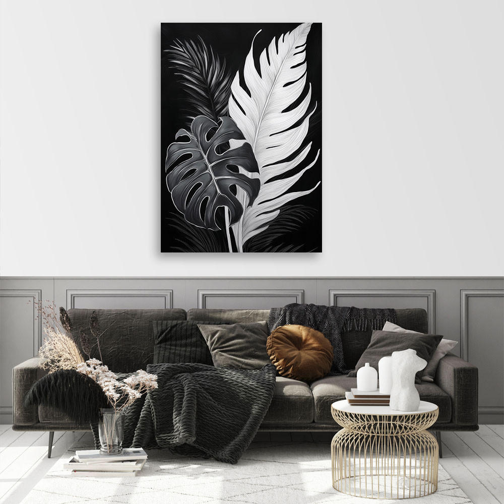WANDBILD schwarz weiße monstera blätter - Schwarz, Textil (60/90cm) - Feeby