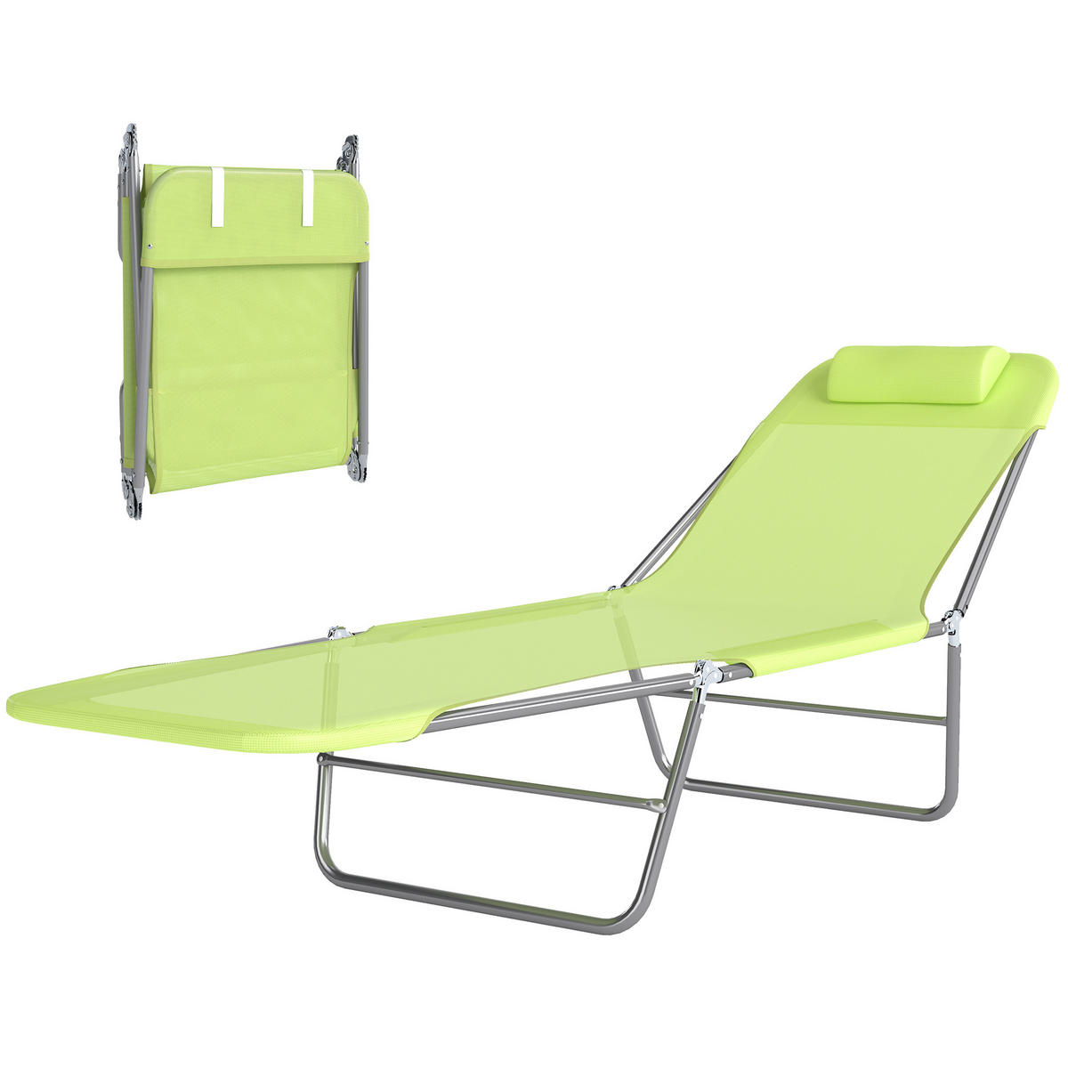 SONNENLIEGE klappbar verstellbar Gartenliege mit Kopfkissen Campingliege 120kg Grün - Grün, Metall (182/28/56cm)