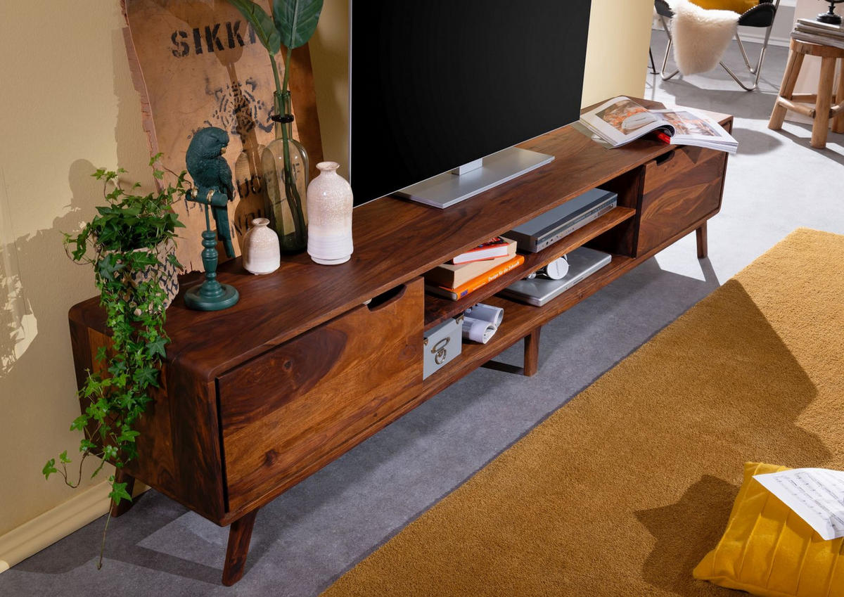TV-BOARD Sheesham 220x40x48 walnuss gewachst MALMÖ 2 #124 - Dunkelbraun, Holz (220/48/40cm) - Massivmoebel24