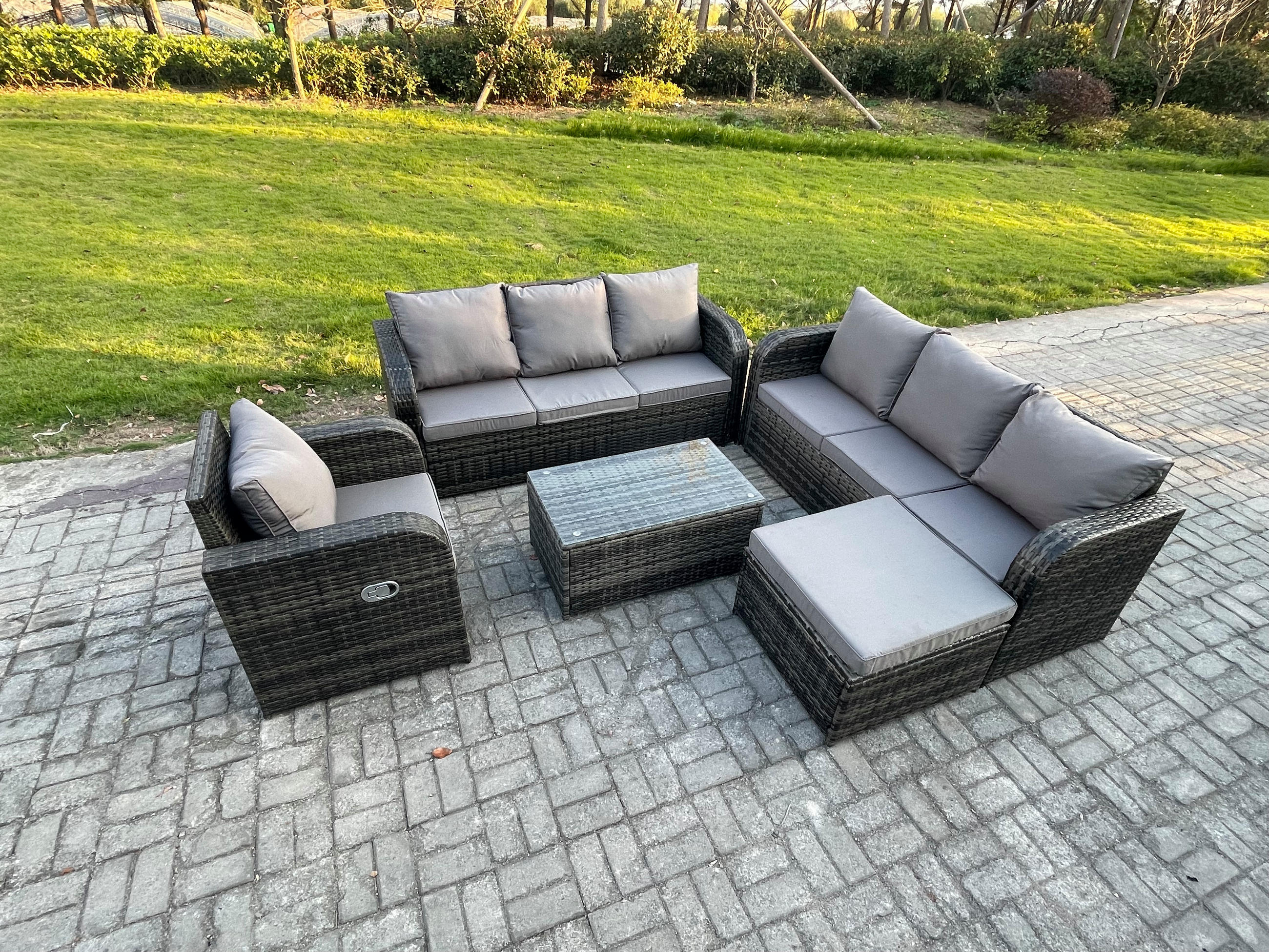 GARTENMÖBEL-SET mit Kissen Polyrattan Dunkelgrau 8-Sitzer - Dunkelgrau/Grau, Glas/Kunststoff - Fimous